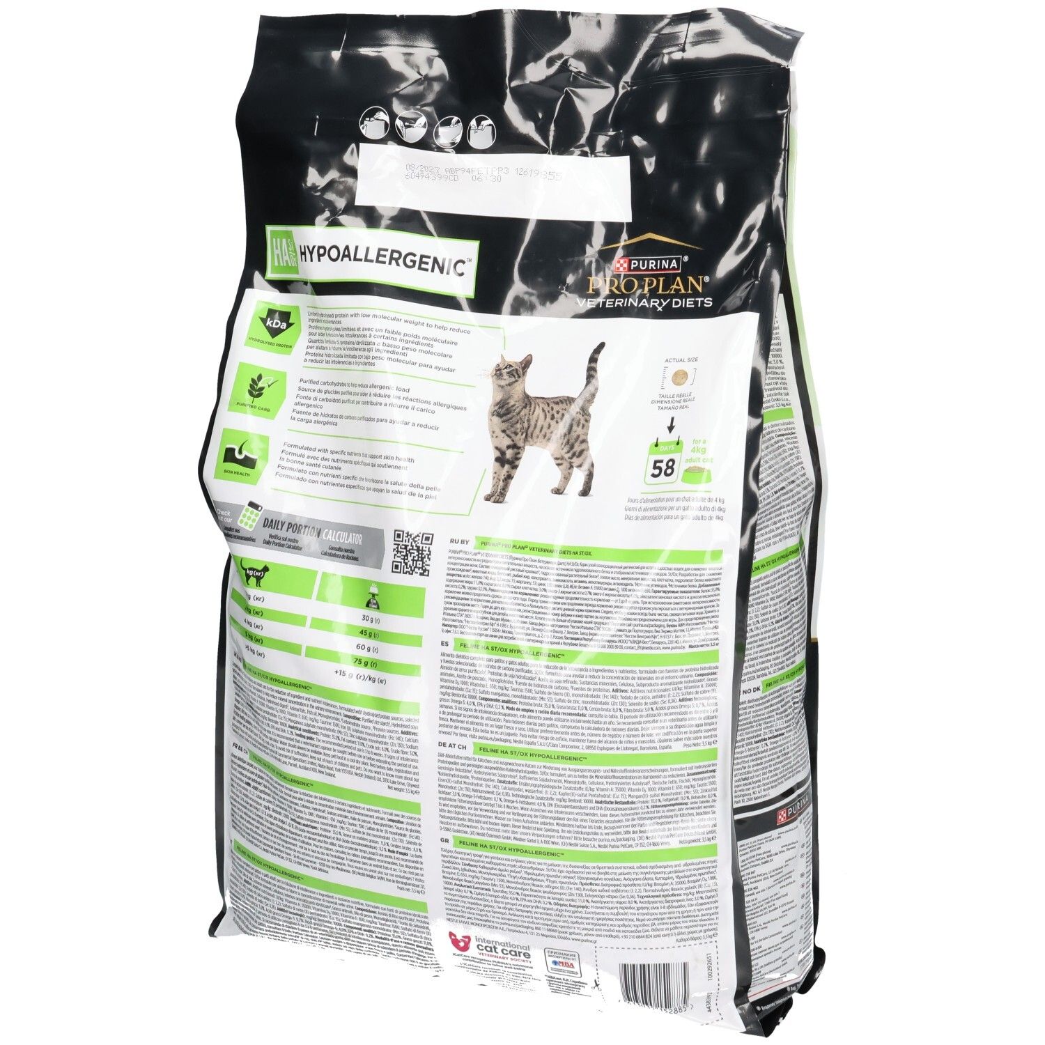Arrière d'un sac de croquettes Purina Pro Plan Veterinary Diets HA Hypoallergenic.