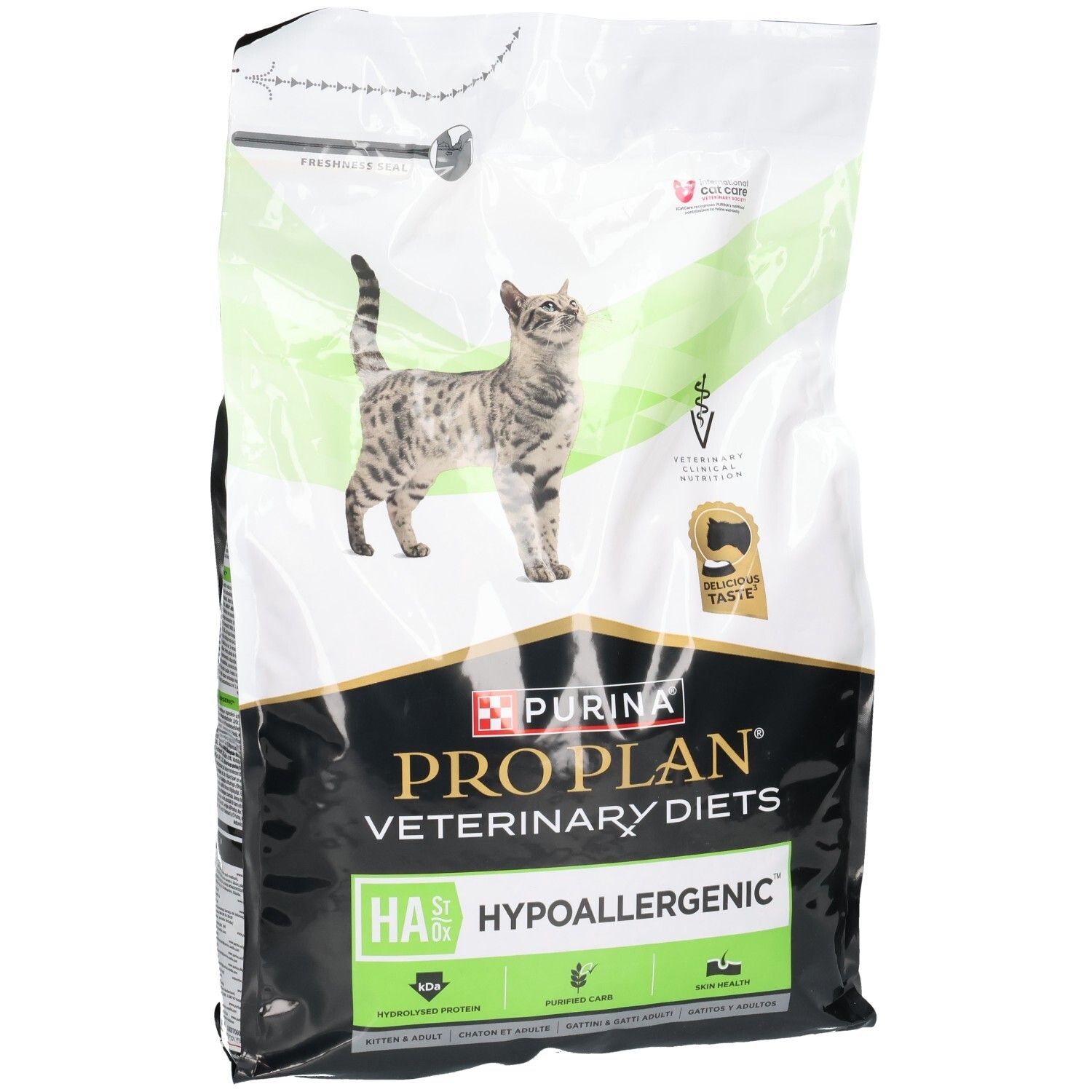 Sac de croquettes Purina Pro Plan Veterinary Diets HA Hypoallergenic avec chat et sceaux.