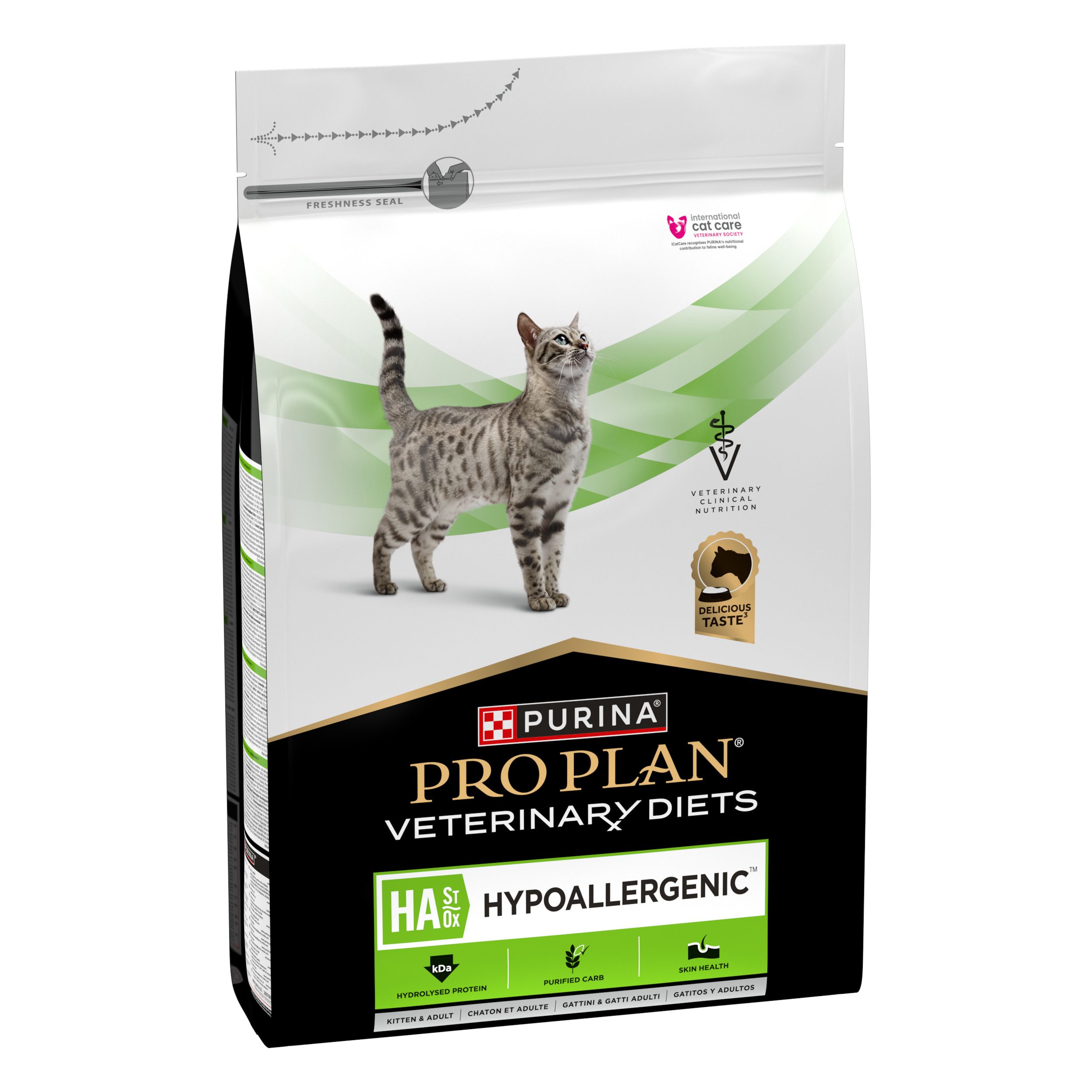 Sac de croquettes Purina Pro Plan Veterinary Diets HA Hypoallergenic, vue latérale.