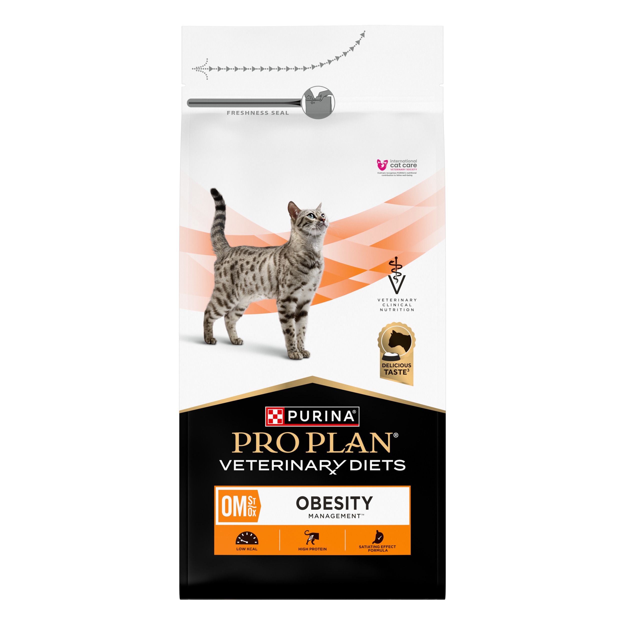 Sac de nourriture pour chats. Inscription : PRO PLAN VETERINARY DIETS OM OBESITY MANAGEMENT. Image d'un chat.