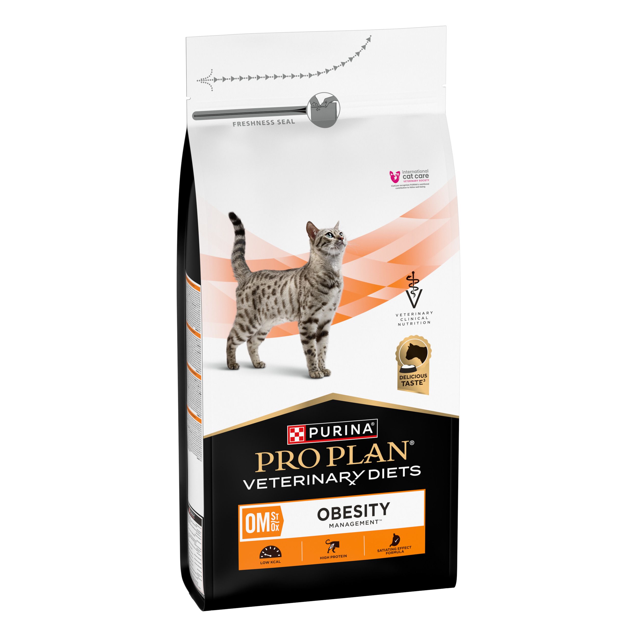 Sac de nourriture pour chats. Inscription : PRO PLAN VETERINARY DIETS OM OBESITY MANAGEMENT. Image d'un chat.
