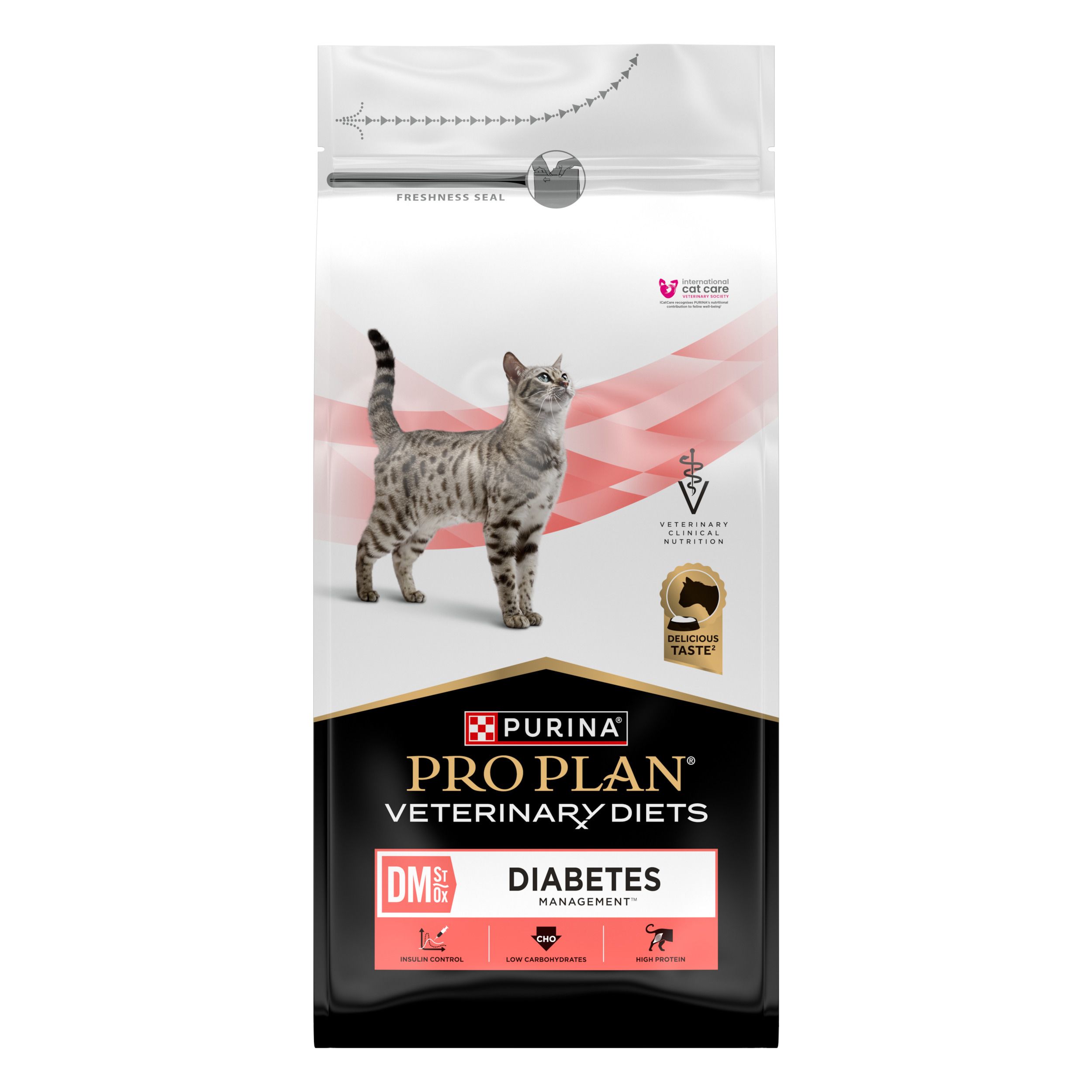 Sac de nourriture pour chats Pro Plan Veterinary Diets Feline DM Diabetes Management. Design noir, blanc et rouge.