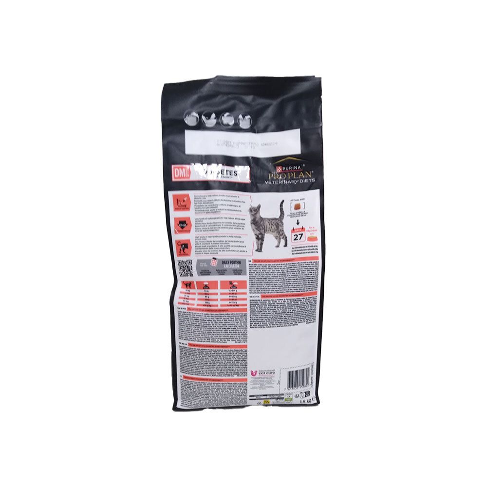 Dos du sac de nourriture pour chats Pro Plan Veterinary Diets Feline DM Diabetes Management. Texte et graphiques.