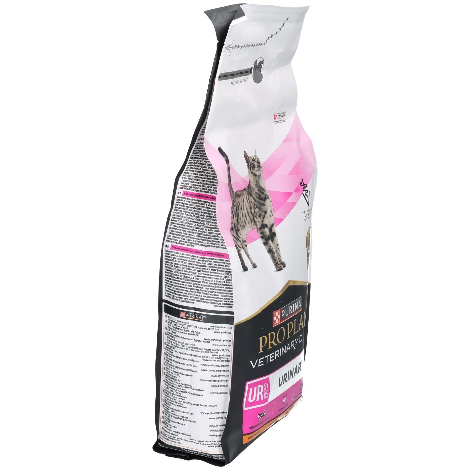 Vue latérale du sac de nourriture pour chats. Marque : Purina Pro Plan Veterinary Diets. Inscription : UR Urinary.