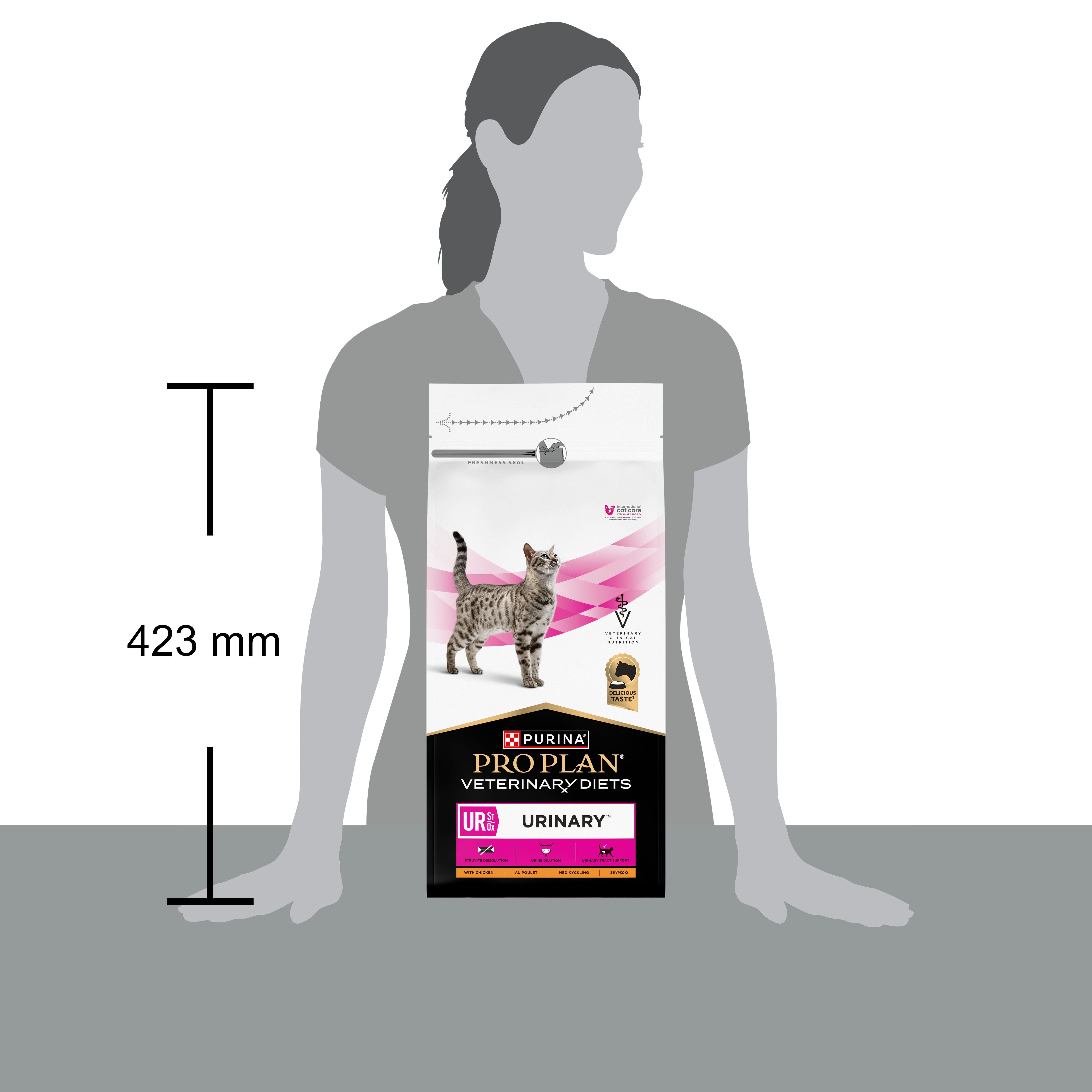 Vue latérale du sac de nourriture pour chats. Marque : Purina Pro Plan Veterinary Diets. Inscription : UR Urinary. Texte et graphiques.