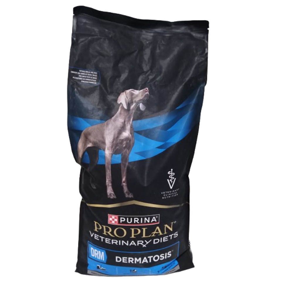 Sac noir avec chien et informations produit. Marque : Purina Pro Plan Veterinary Diets DRM Dermatosis.