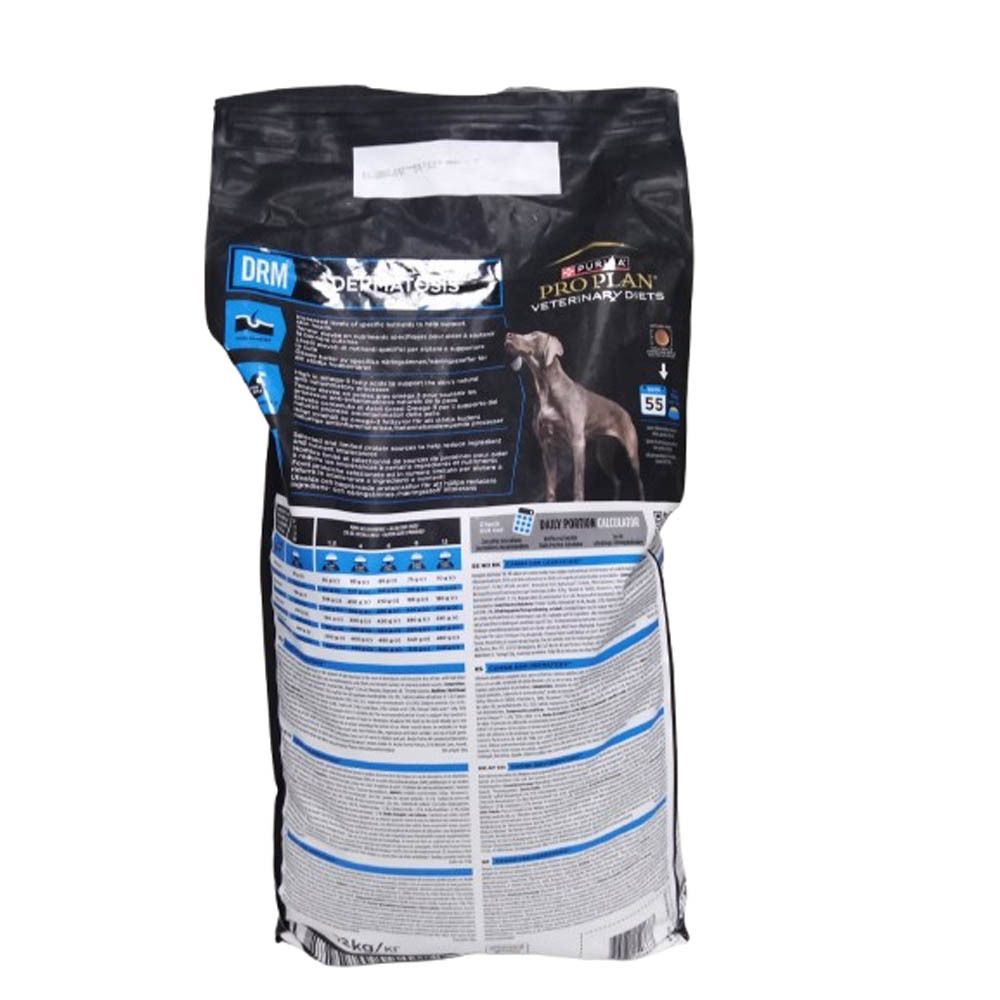 Dos du sac noir avec informations produit et recommandations d'alimentation. Marque : Purina Pro Plan.