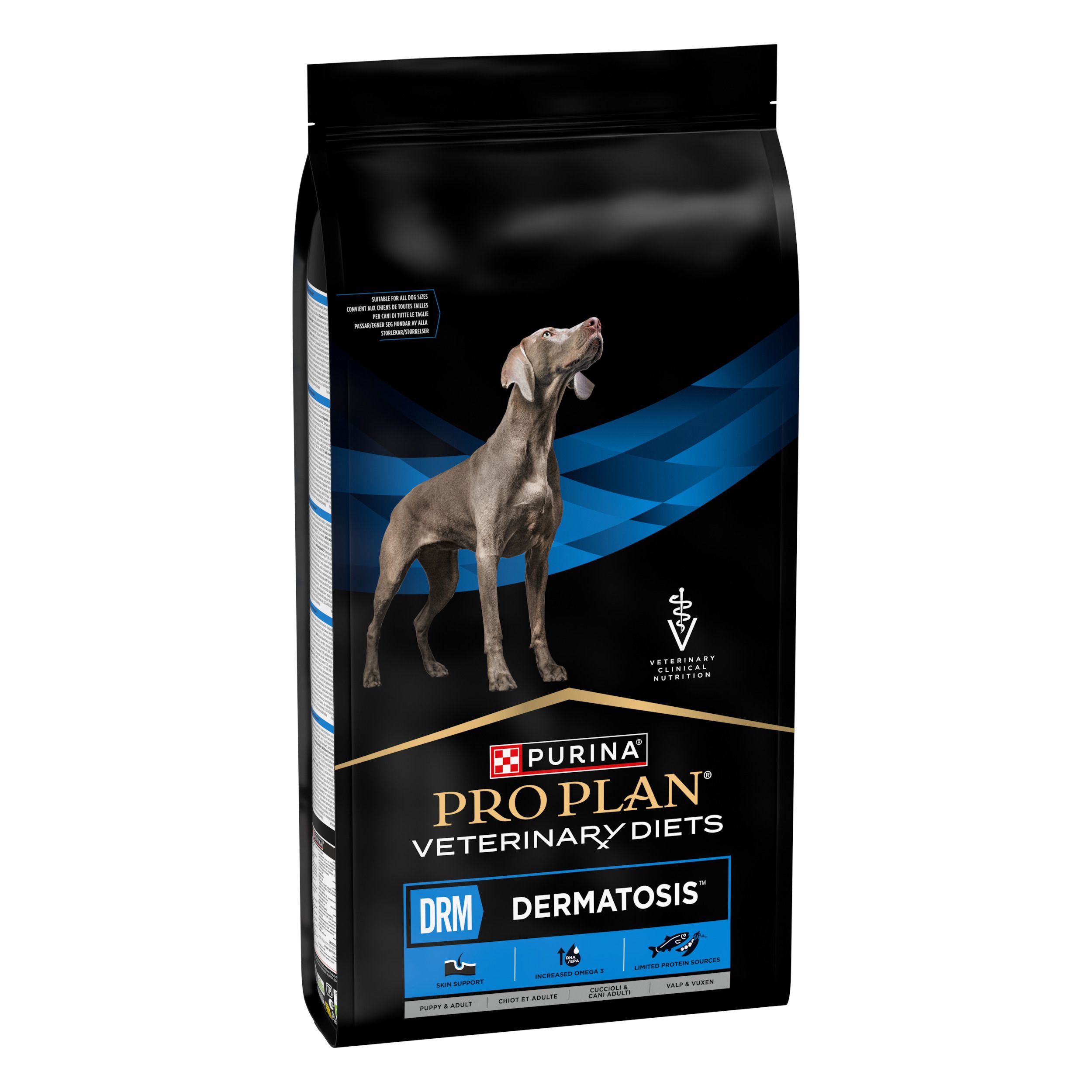 Sac noir avec chien et informations produit. Marque : Purina Pro Plan Veterinary Diets DRM Dermatosis.