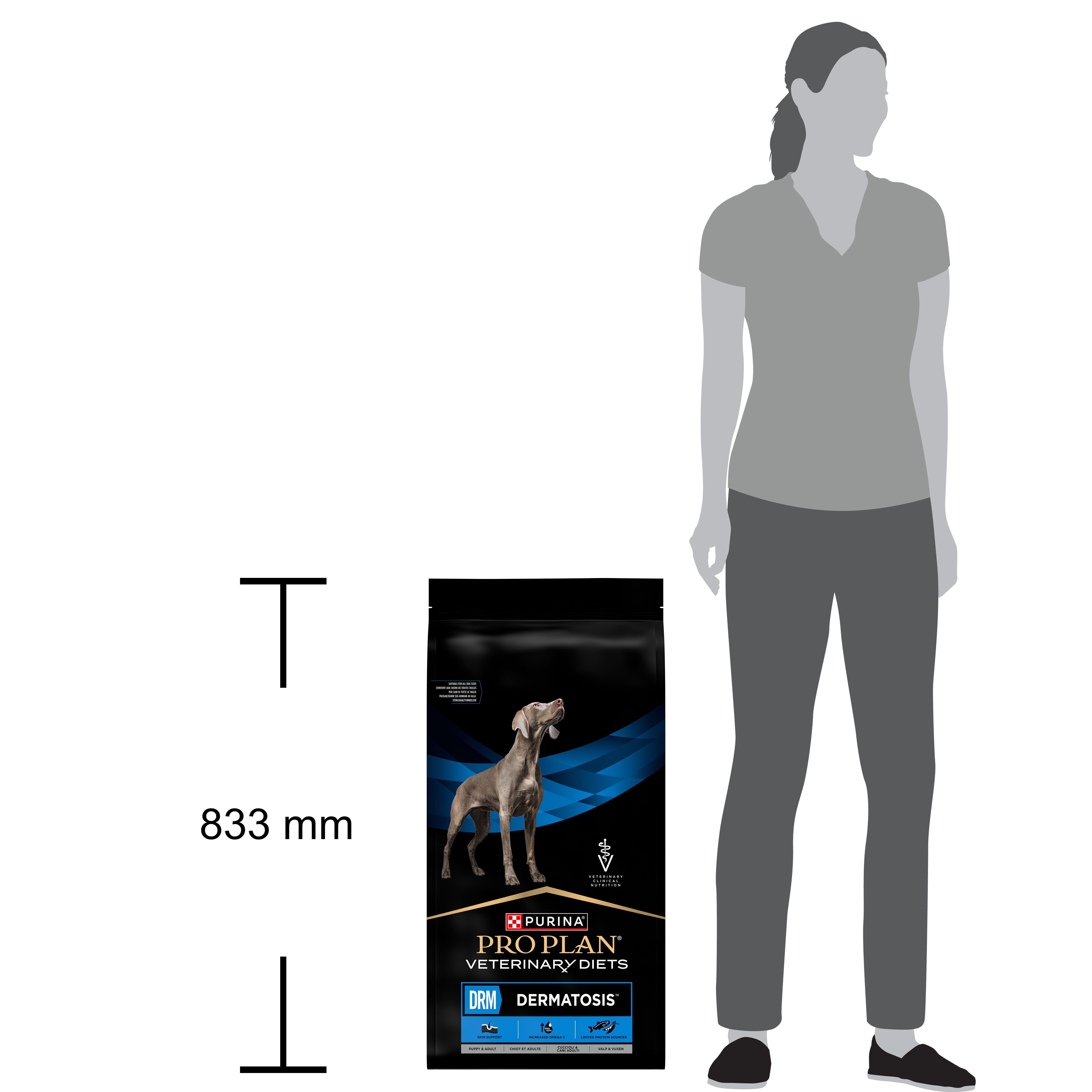 Sac noir avec chien et informations produit. Marque : Purina Pro Plan Veterinary Diets DRM Dermatosis.