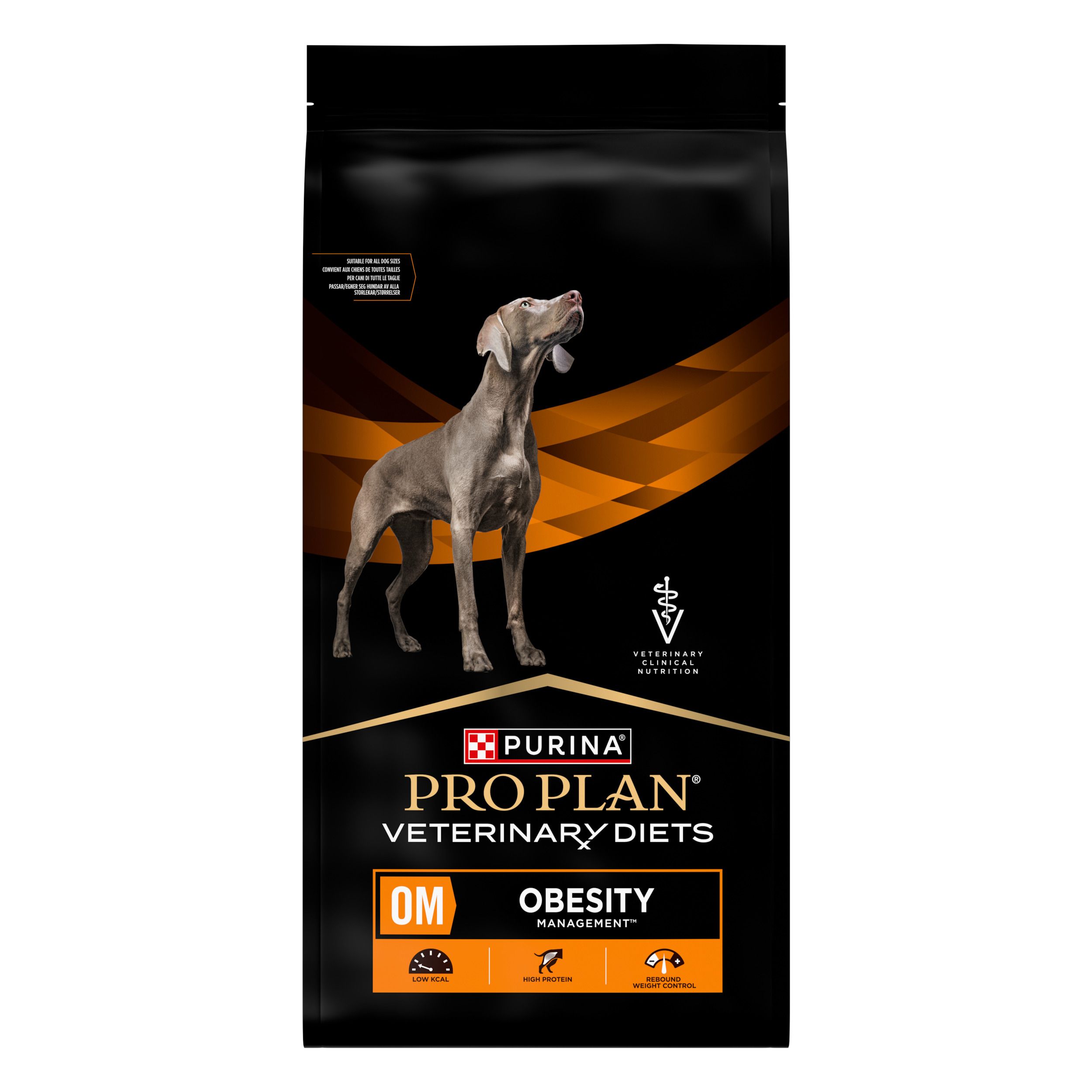 Sac noir avec chien et logo produit. Inscription : PRO PLAN VETERINARY DIETS OM OBESITY MANAGEMENT.