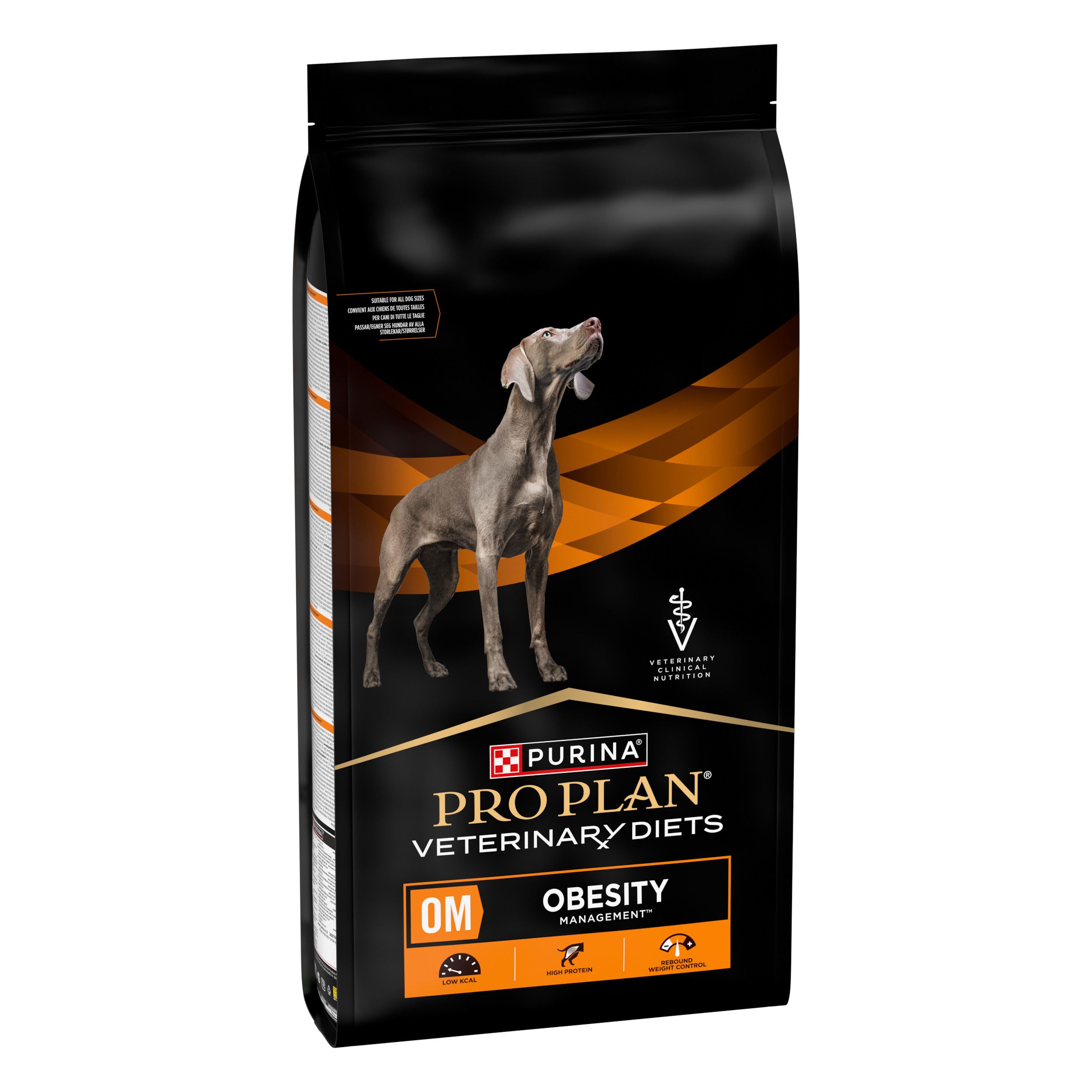 Sac noir avec chien et logo produit. Inscription : PRO PLAN VETERINARY DIETS OM OBESITY MANAGEMENT.