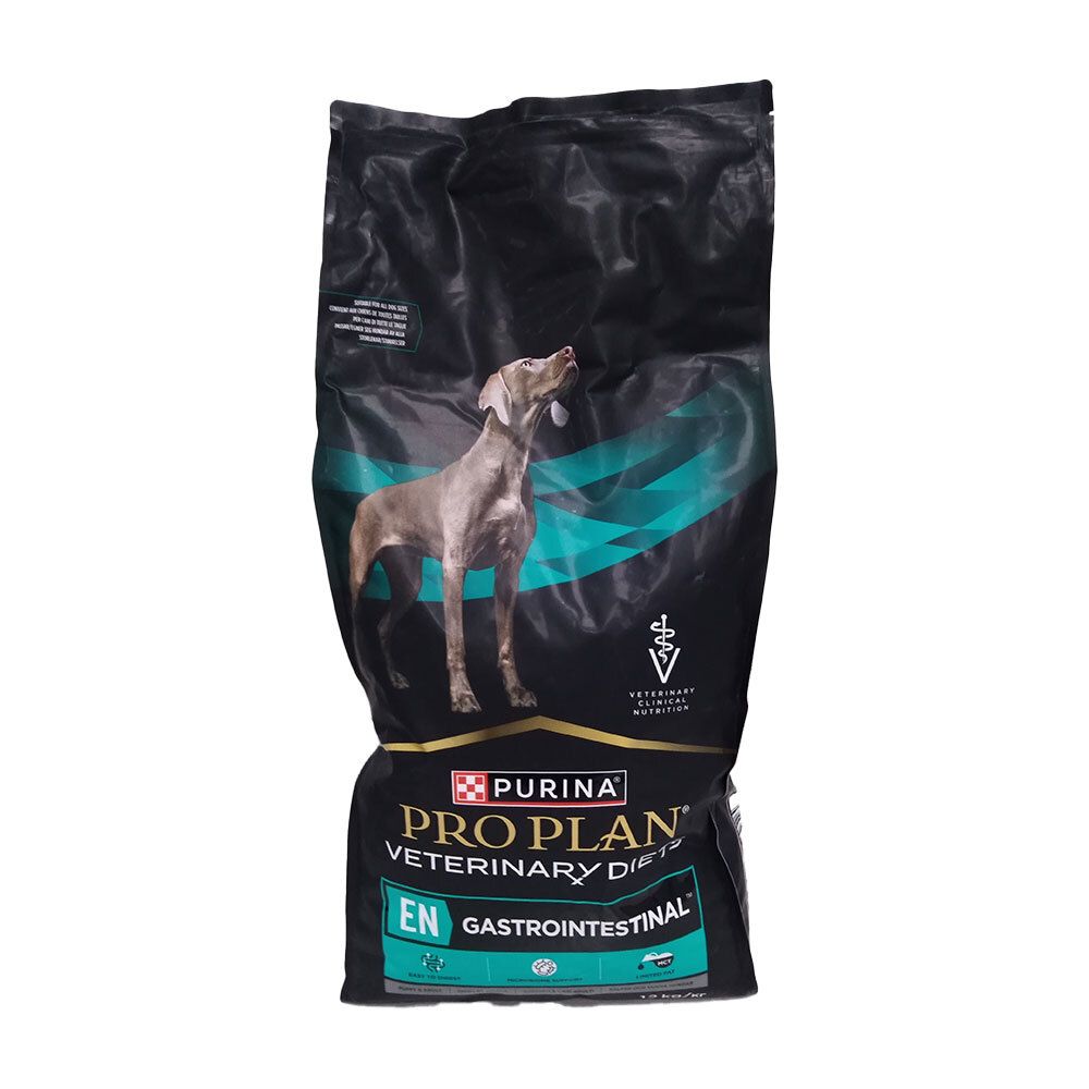 Sac noir avec chien et logo du produit. Contient PRO PLAN VETERINARY DIETS EN GASTROINTESTINAL. 12 kg.
