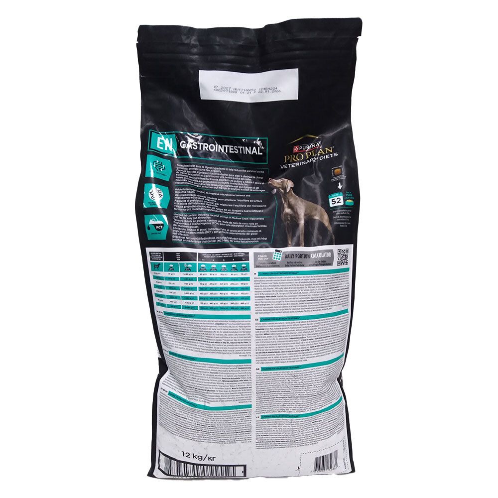 Dos du sac noir. Contient des informations sur PRO PLAN VETERINARY DIETS EN GASTROINTESTINAL. 12 kg.