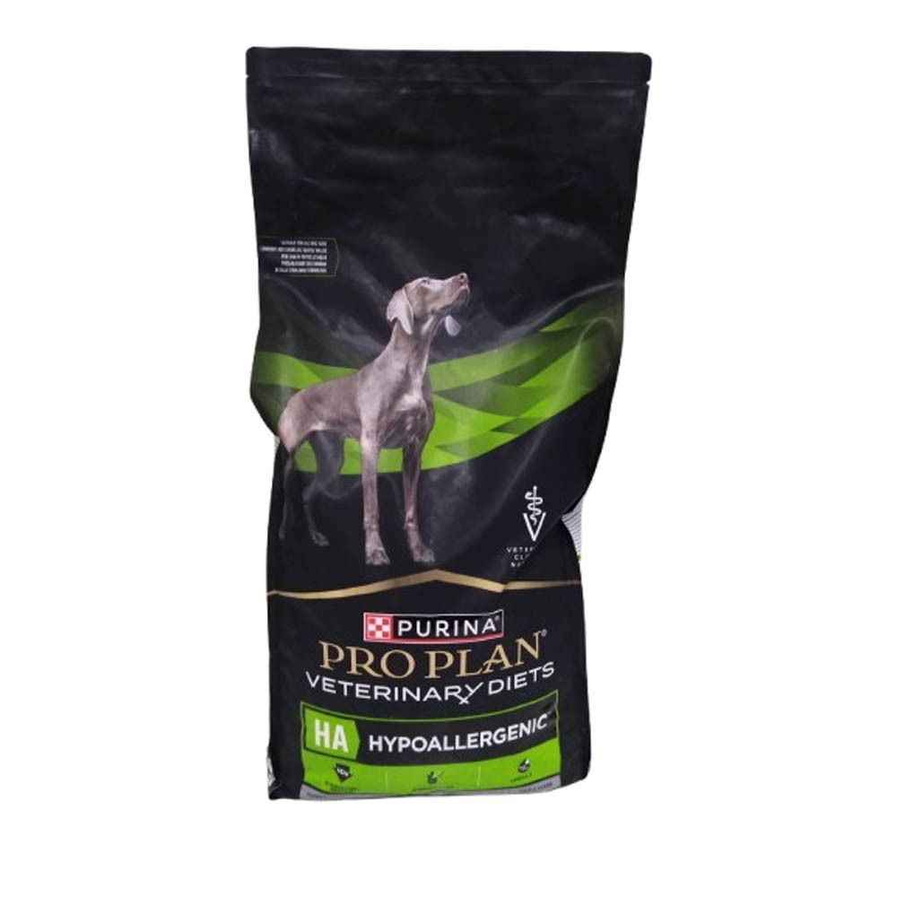 Sac noir PRO PLAN Veterinary Diets HA. Image d'un chien. Accents verts. Hypoallergénique.