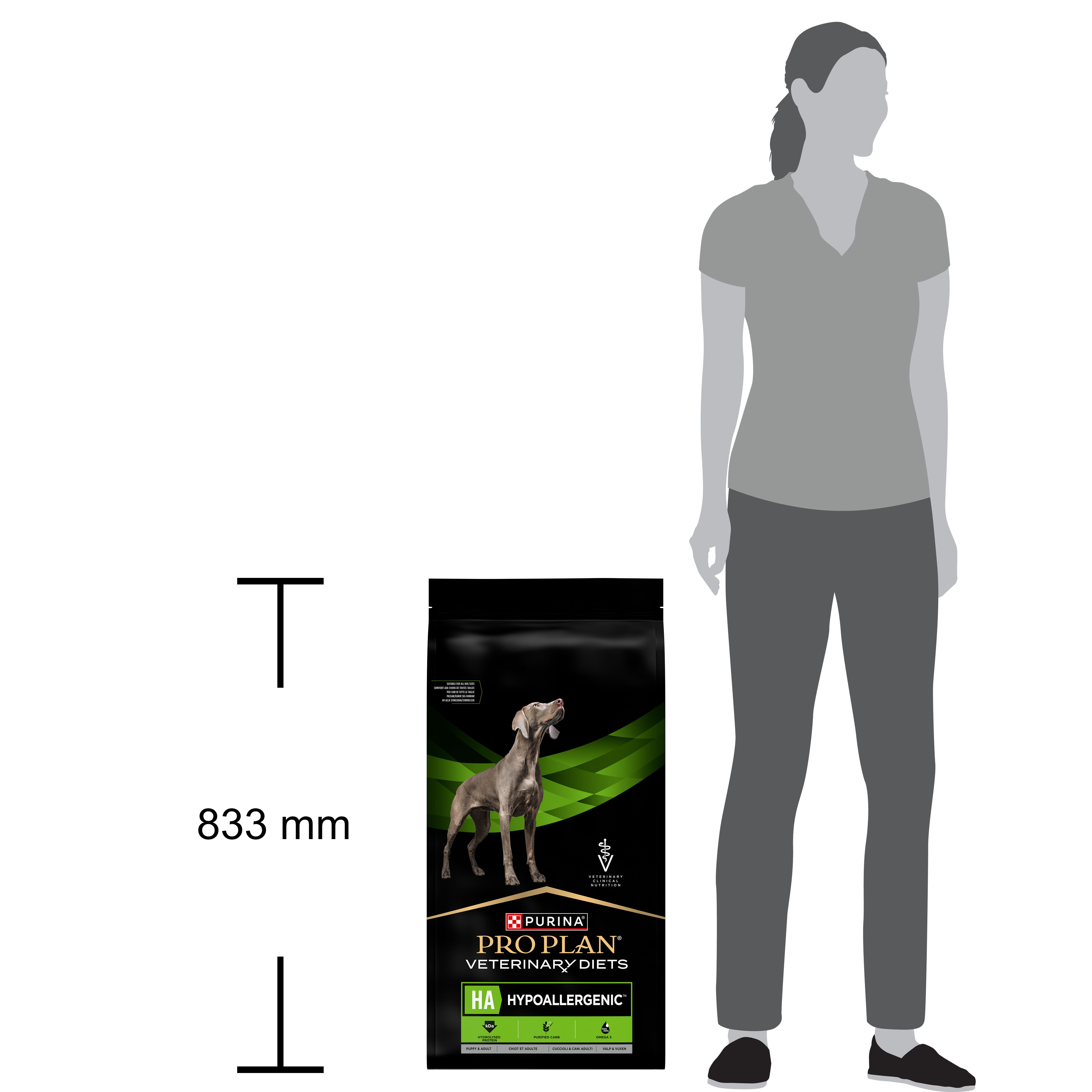 Sac noir PRO PLAN Veterinary Diets HA. Image d'un chien. Accents verts. Hypoallergénique.