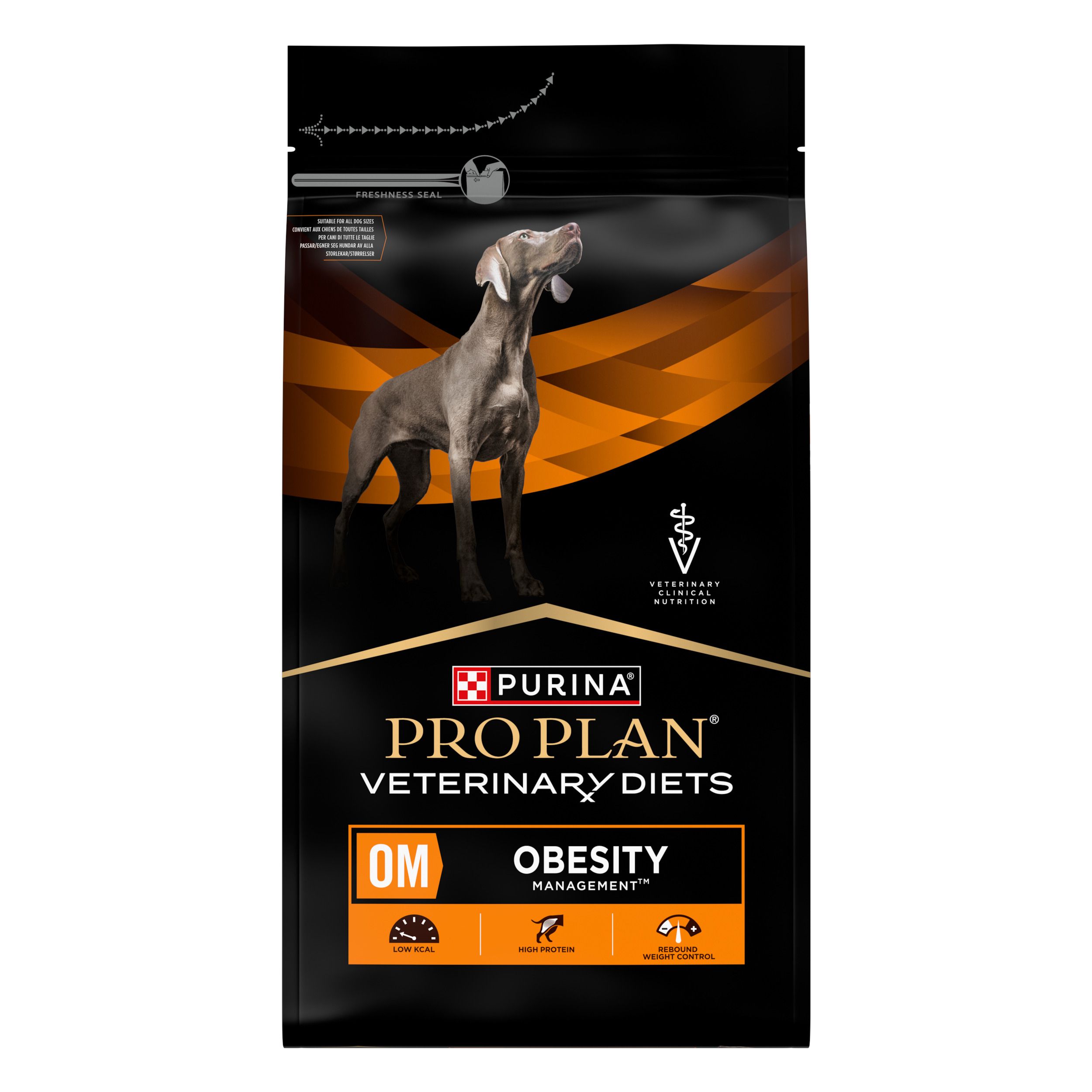 Sac noir avec chien et texte. Contient Pro Plan Veterinary Diets OM Obesity Management.