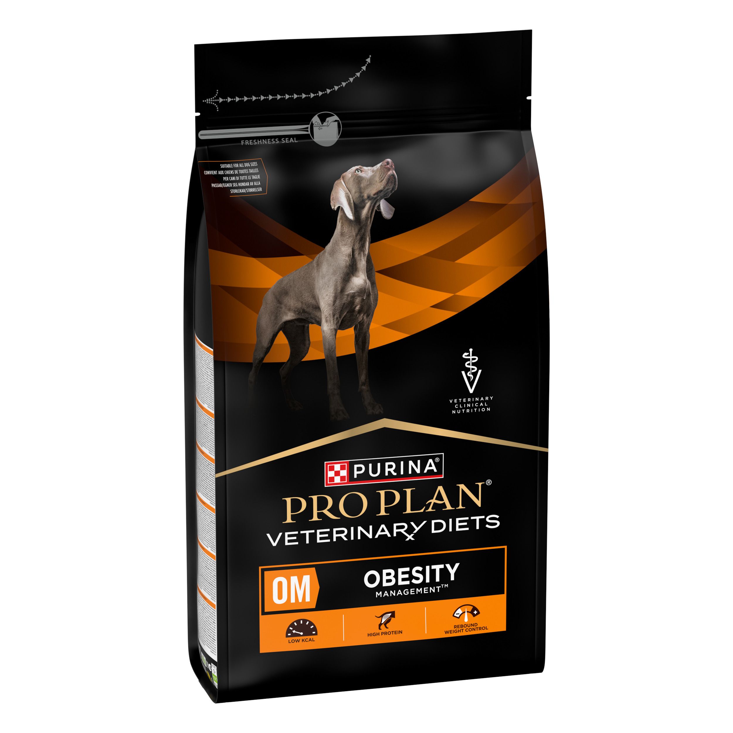 Sac noir avec chien et texte. Contient Pro Plan Veterinary Diets OM Obesity Management.