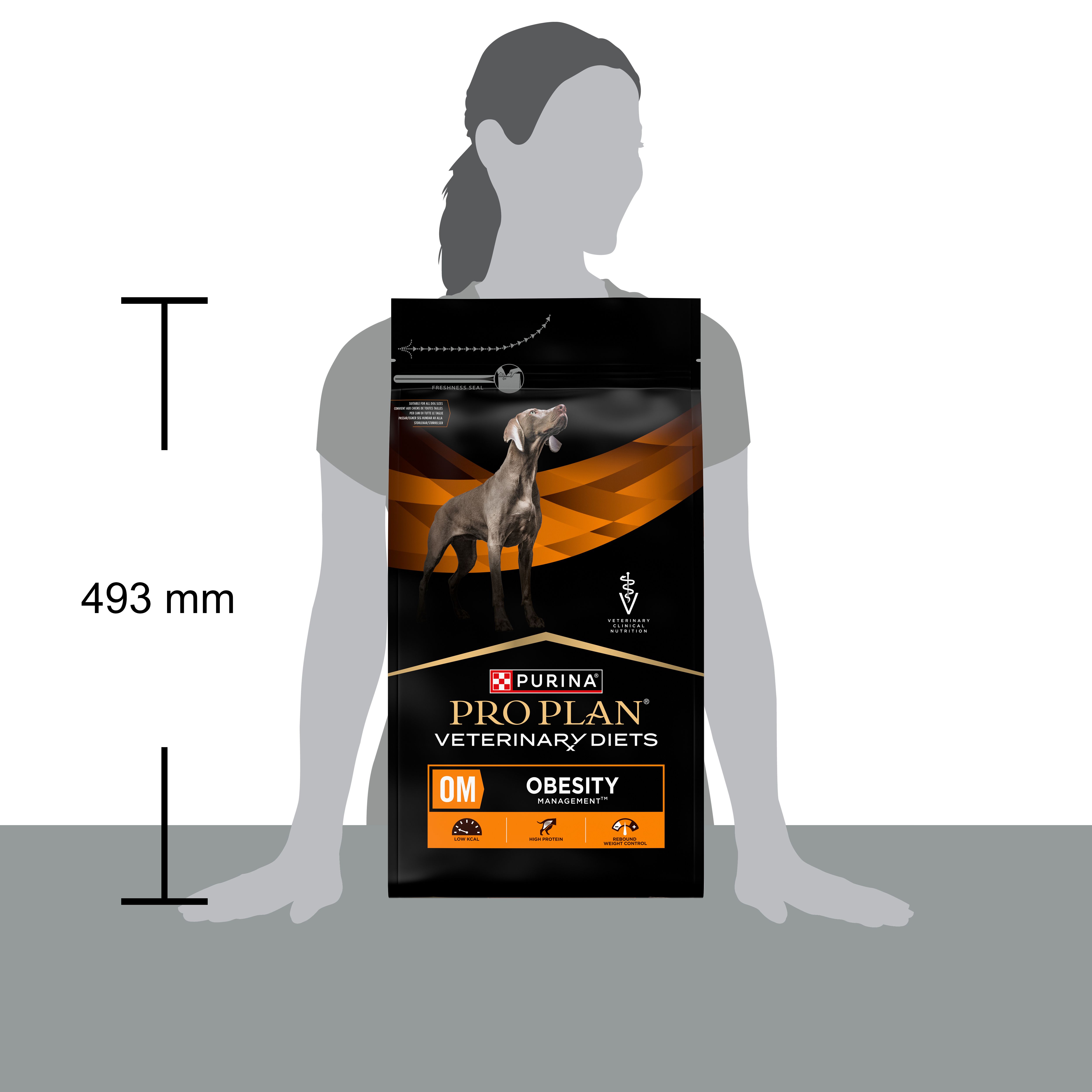 Sac avec chien et texte. Contient Pro Plan Veterinary Diets OM Obesity Management. Taille: 493 mm.