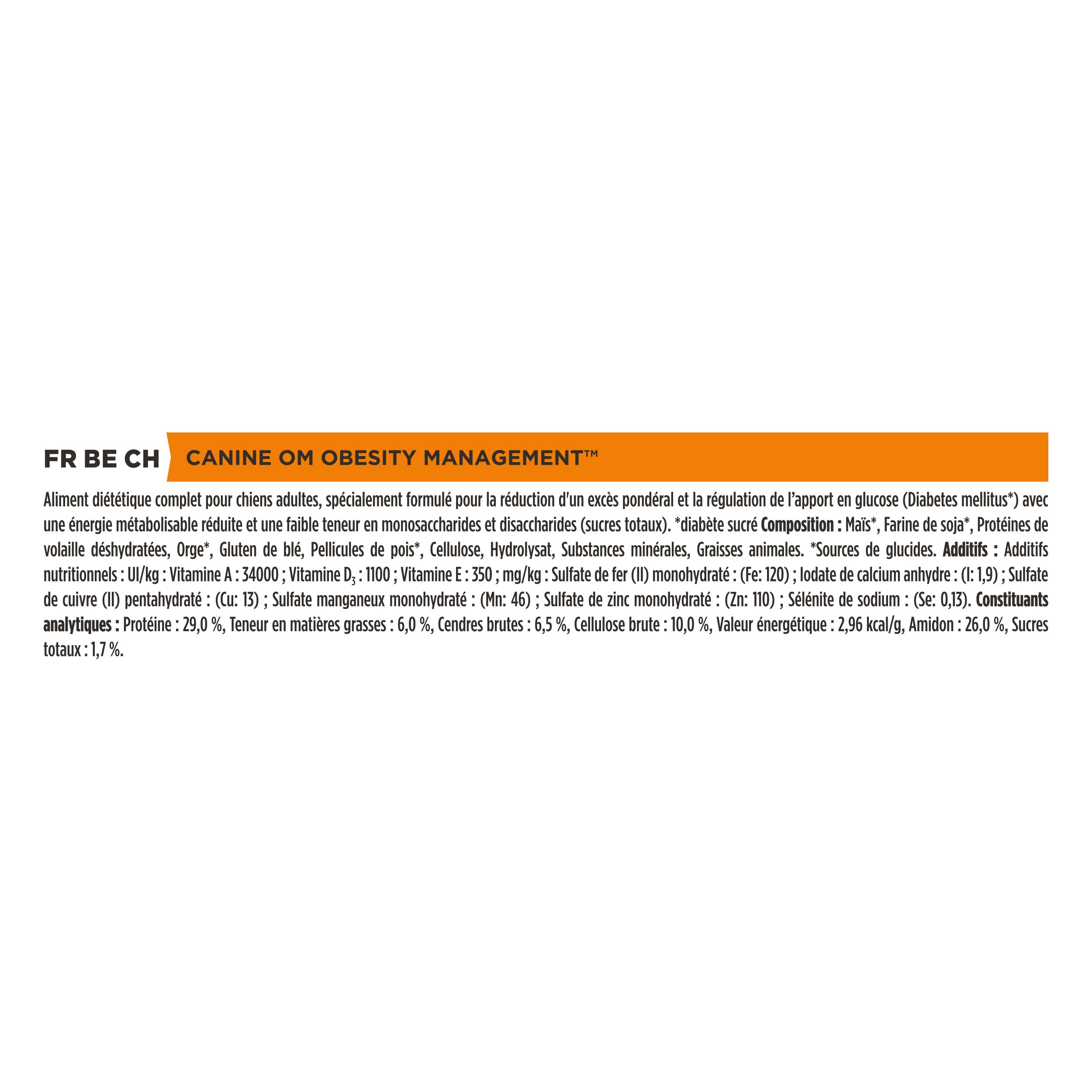 Section de texte avec ingrédients et analyse. Contient des informations sur CANINE OM Obesity Management.