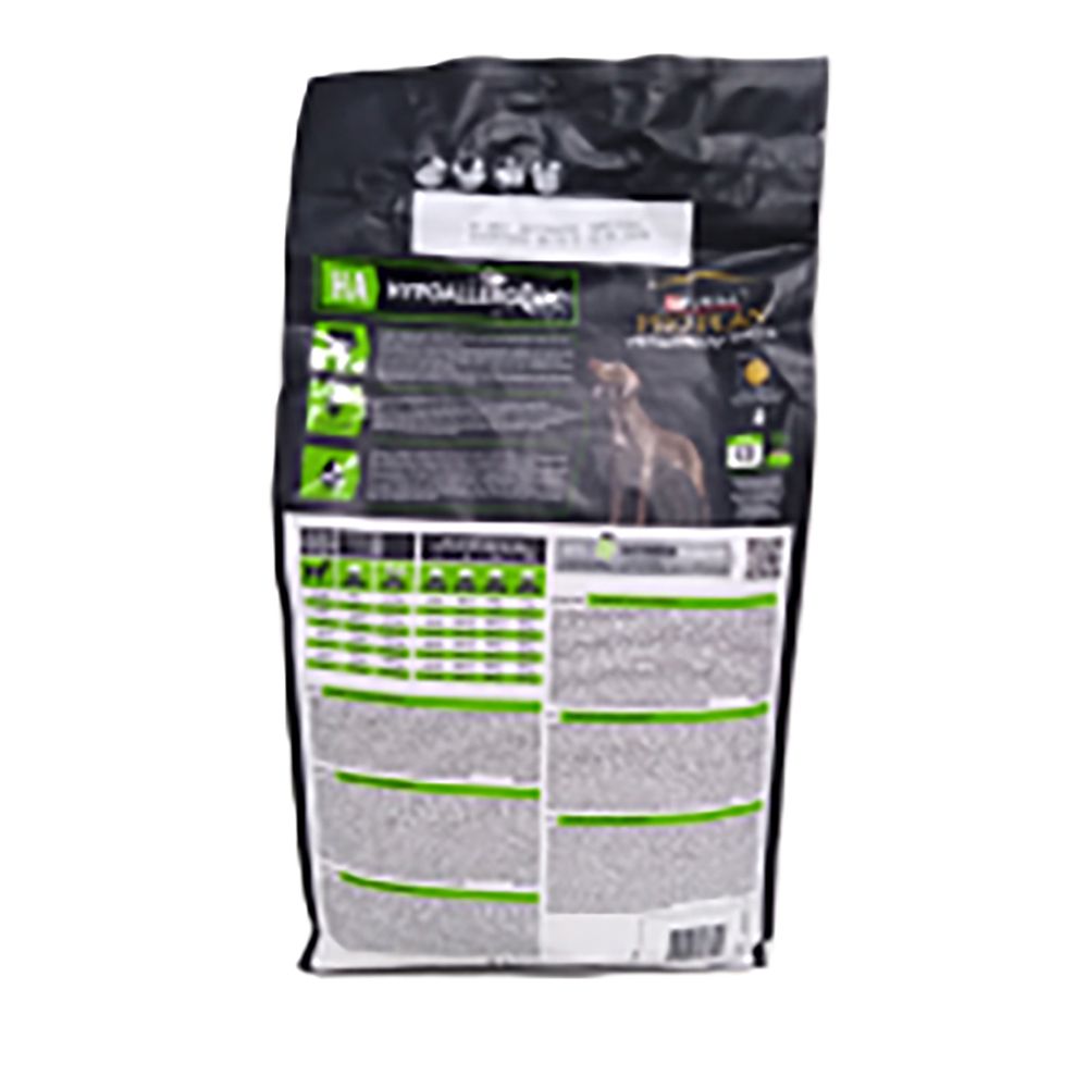 Dos du sac de nourriture Purina Pro Plan Veterinary Diets CANINE HA HYPOALLERGENIC. Texte et graphiques.