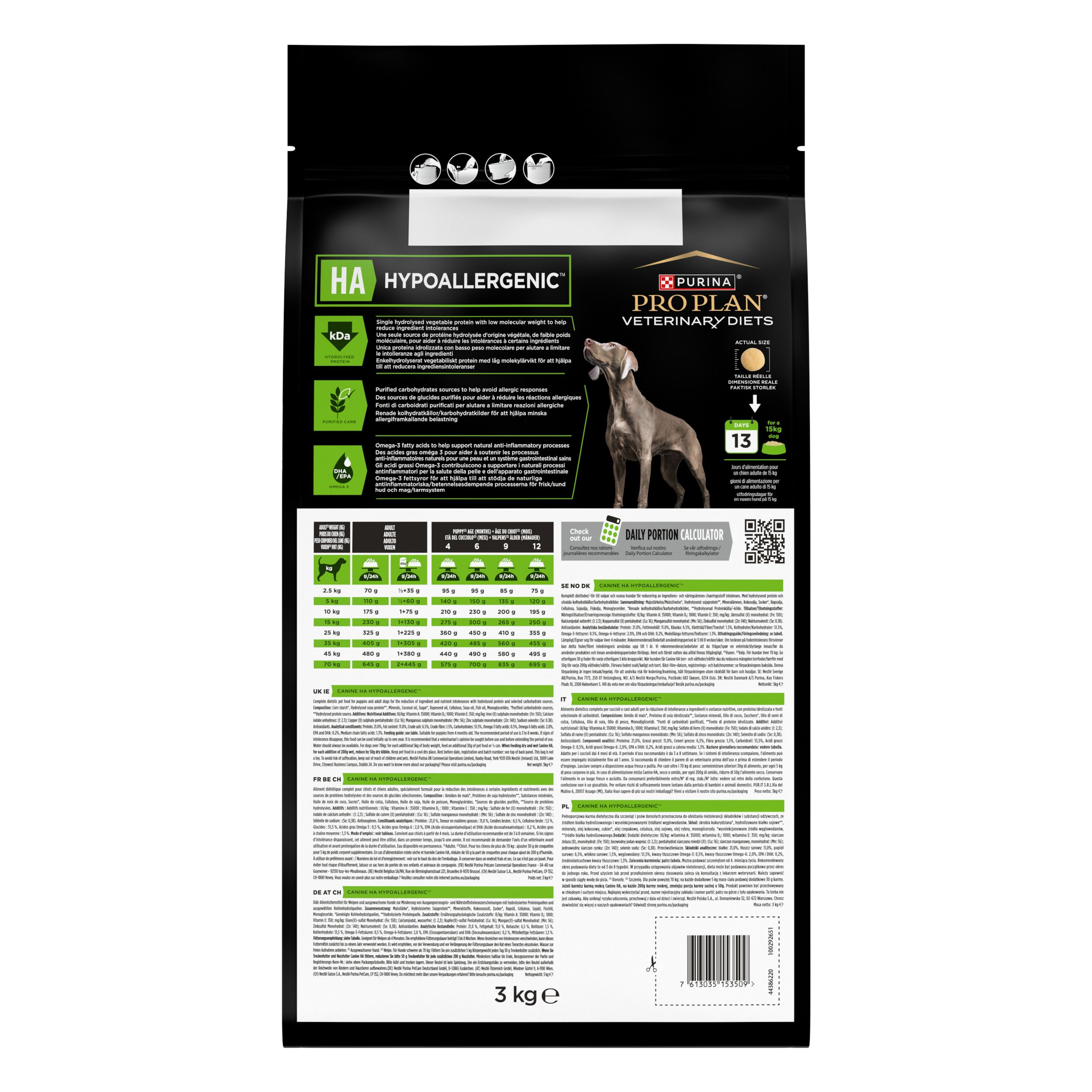 Dos du sac de nourriture Purina Pro Plan Veterinary Diets CANINE HA HYPOALLERGENIC. Texte et graphiques.