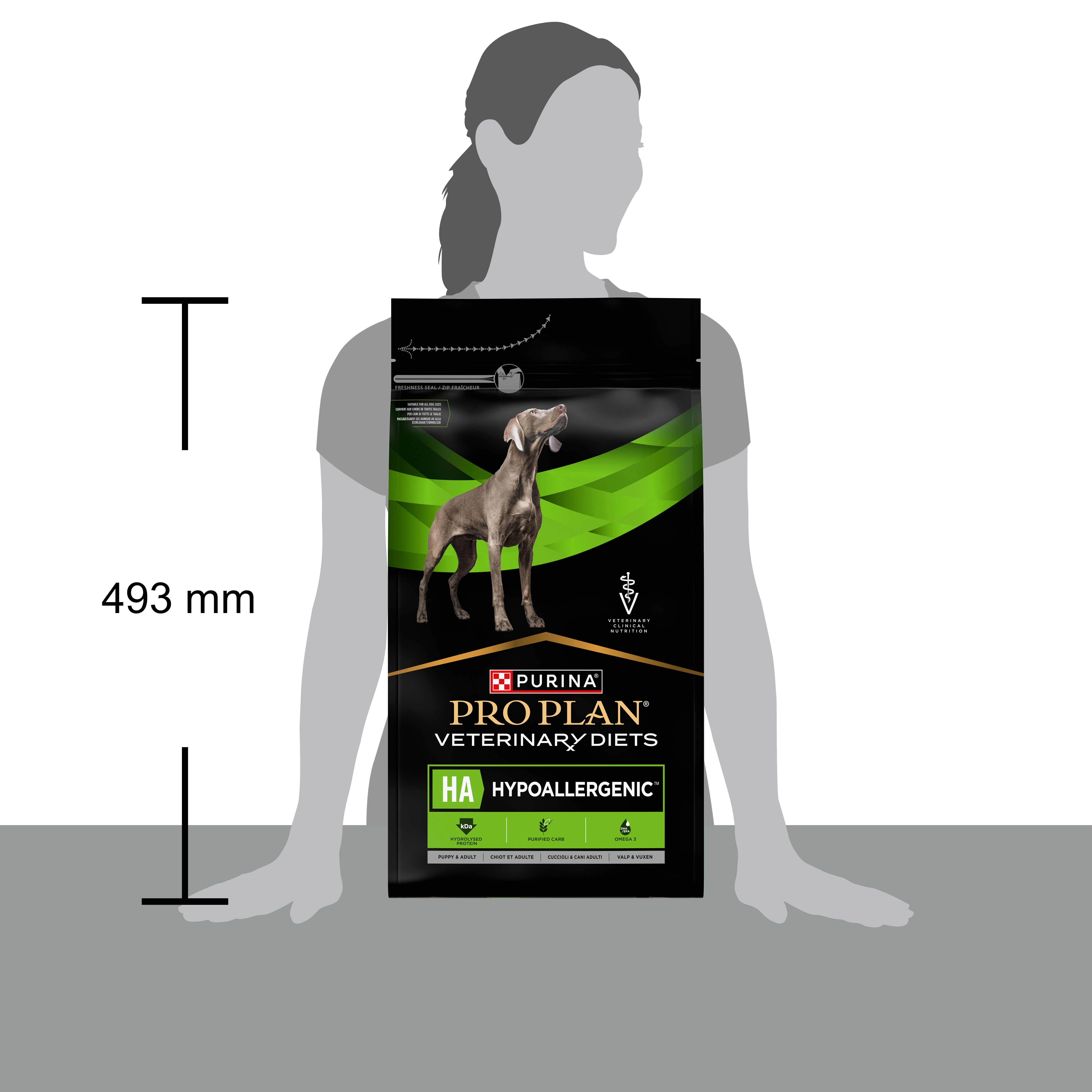 Sac de nourriture Purina Pro Plan Veterinary Diets CANINE HA HYPOALLERGENIC. Image d'un chien. Fond noir.