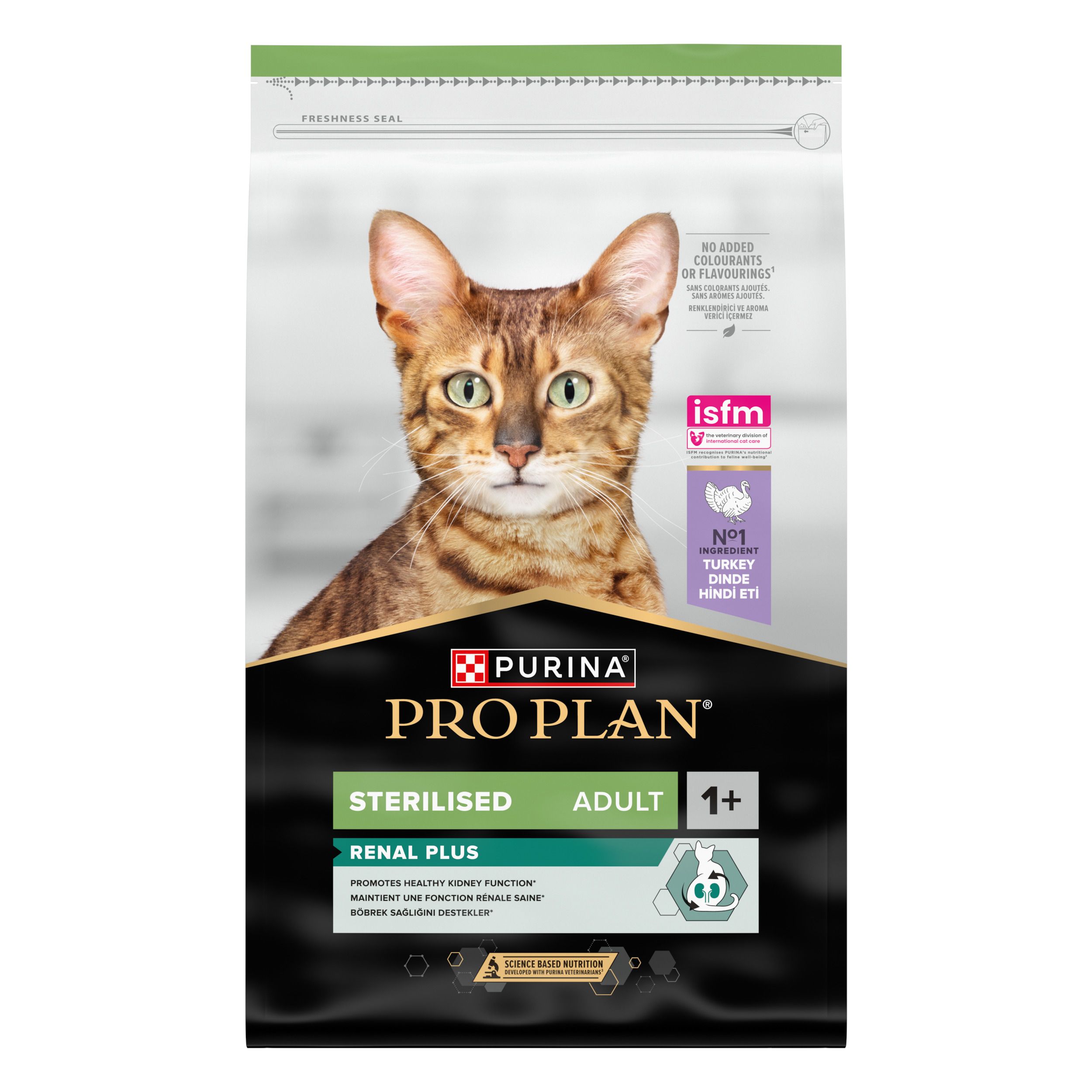 Sac de nourriture pour chats avec chat. Marque PRO PLAN, STERILISED ADULT 1+. Renal Plus. Sac vert et noir.