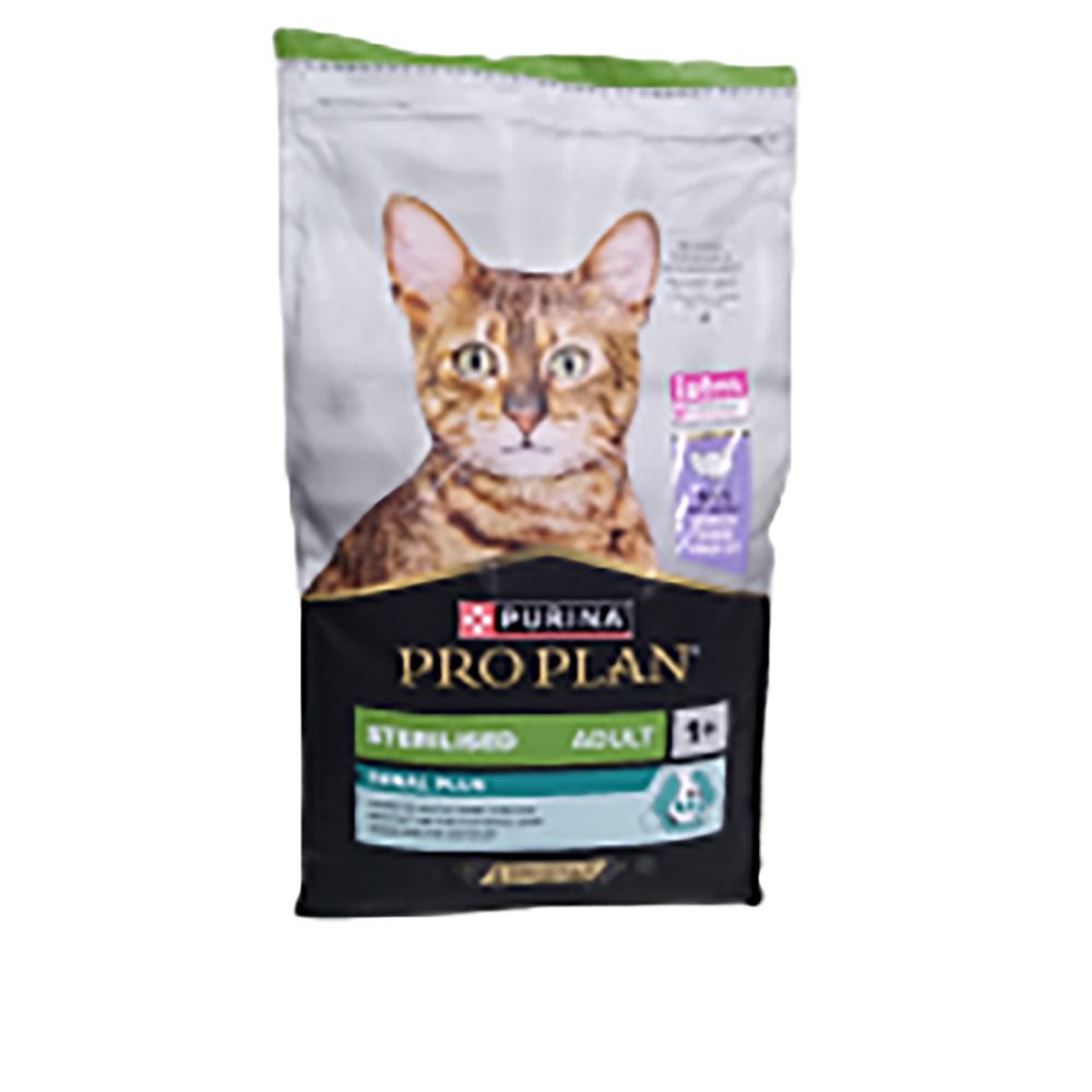 Sac de nourriture pour chats avec chat. Marque PRO PLAN, STERILISED ADULT 1+. Renal Plus. Sac vert et noir.