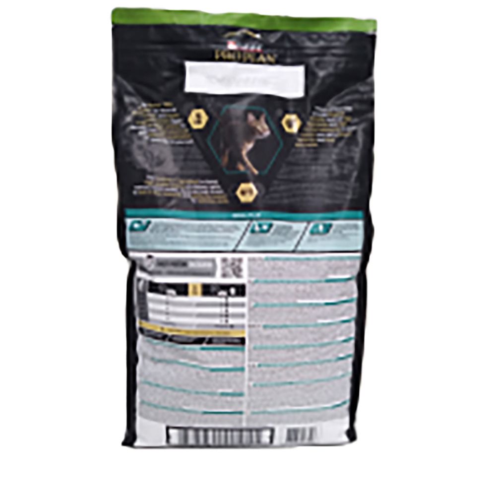 Dos du sac de nourriture. Informations et texte. Marque PRO PLAN. Sac noir.