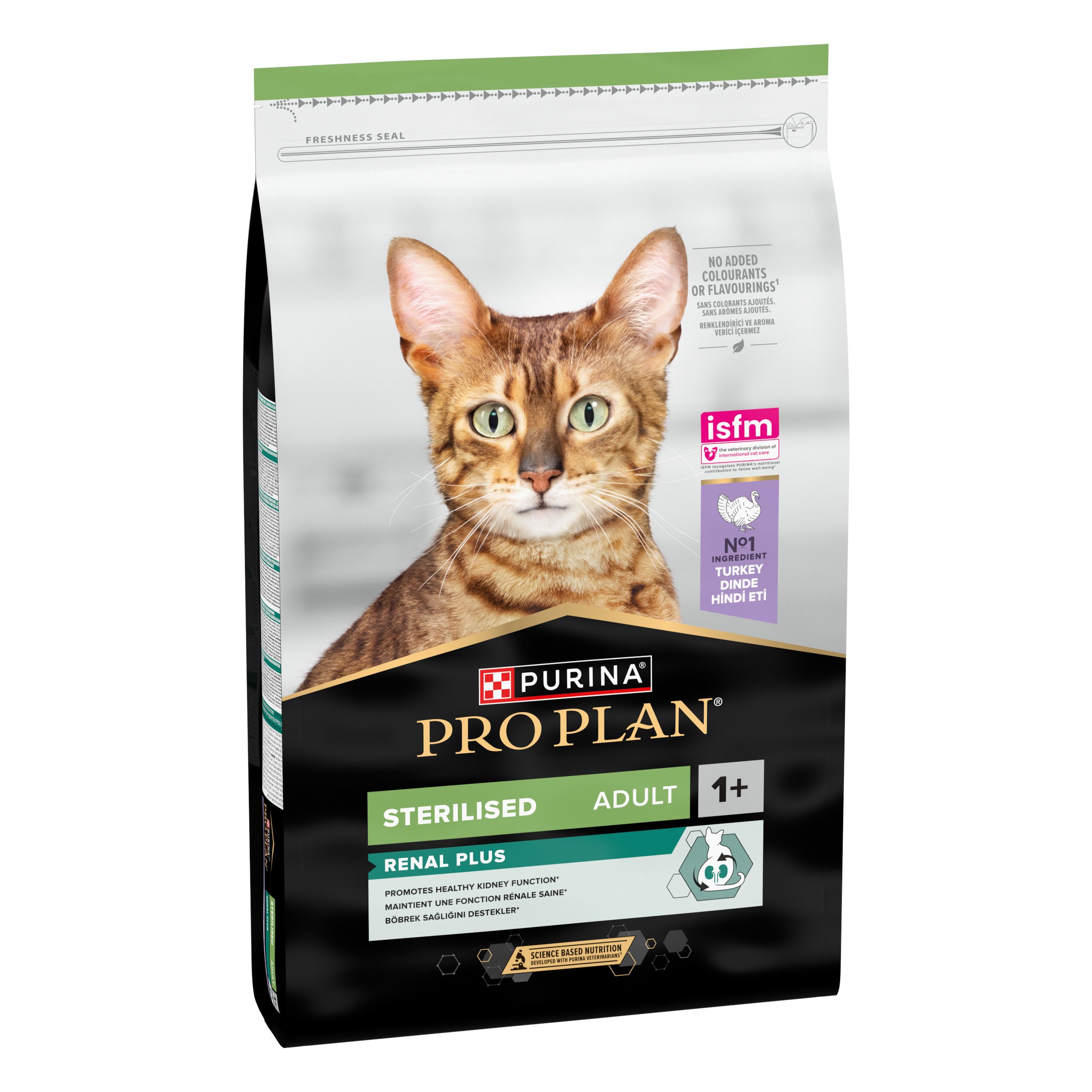 Sac de nourriture pour chats avec chat. Marque PRO PLAN, STERILISED ADULT 1+. Renal Plus. Sac vert et noir.