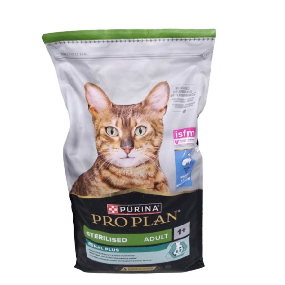 Sac de nourriture sèche Purina Pro Plan pour chats stérilisés. Face avant avec photo de chat, nom du produit et logo.