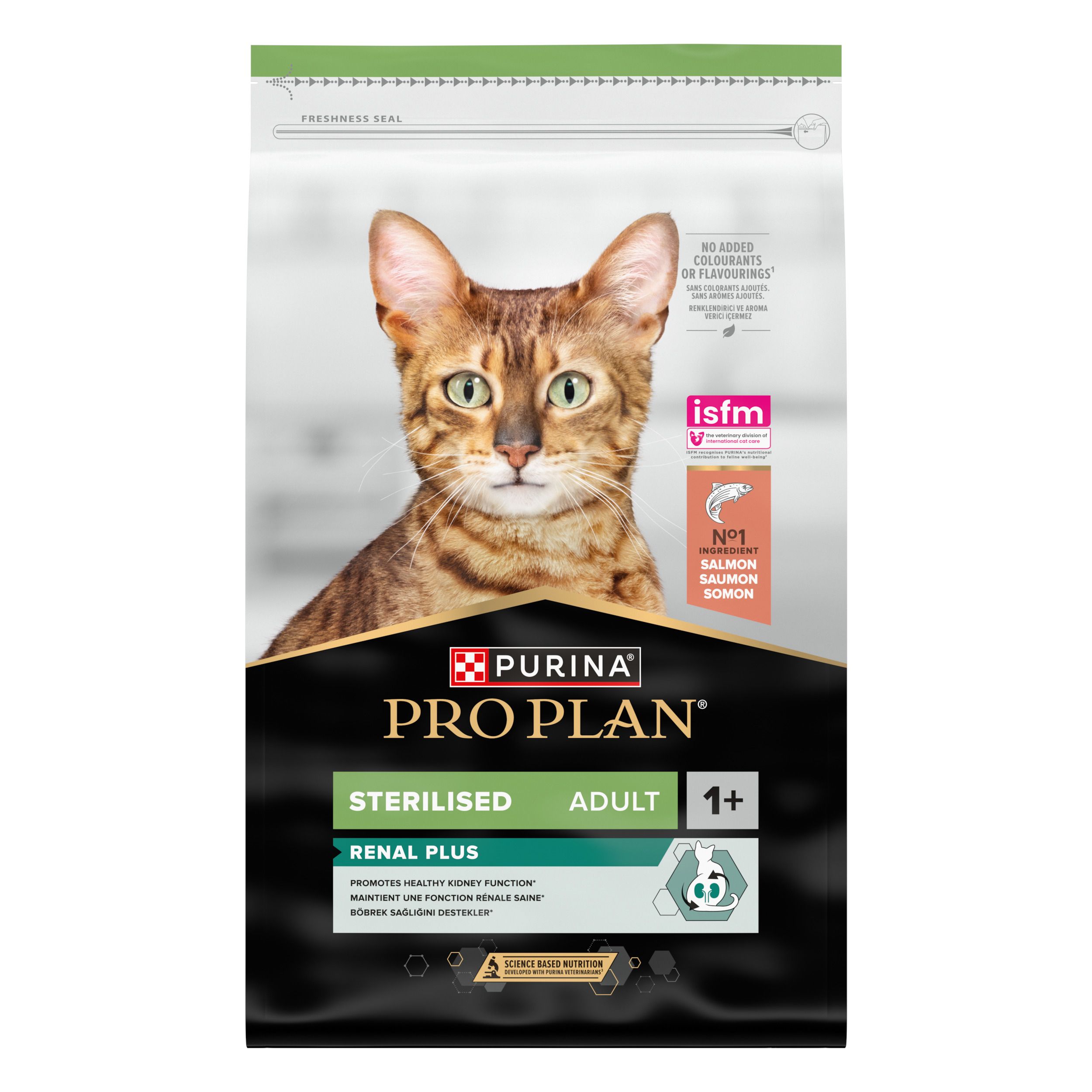 Purina Pro Plan Sterilised Adult Renal Plus Saumon. Sac de nourriture pour chats. Design vert et blanc, image de chat, label isfm.
