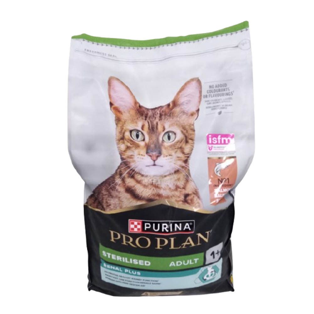Purina Pro Plan Sterilised Adult Renal Plus Saumon. Sac de nourriture pour chats. Design vert et blanc, image de chat, label isfm.