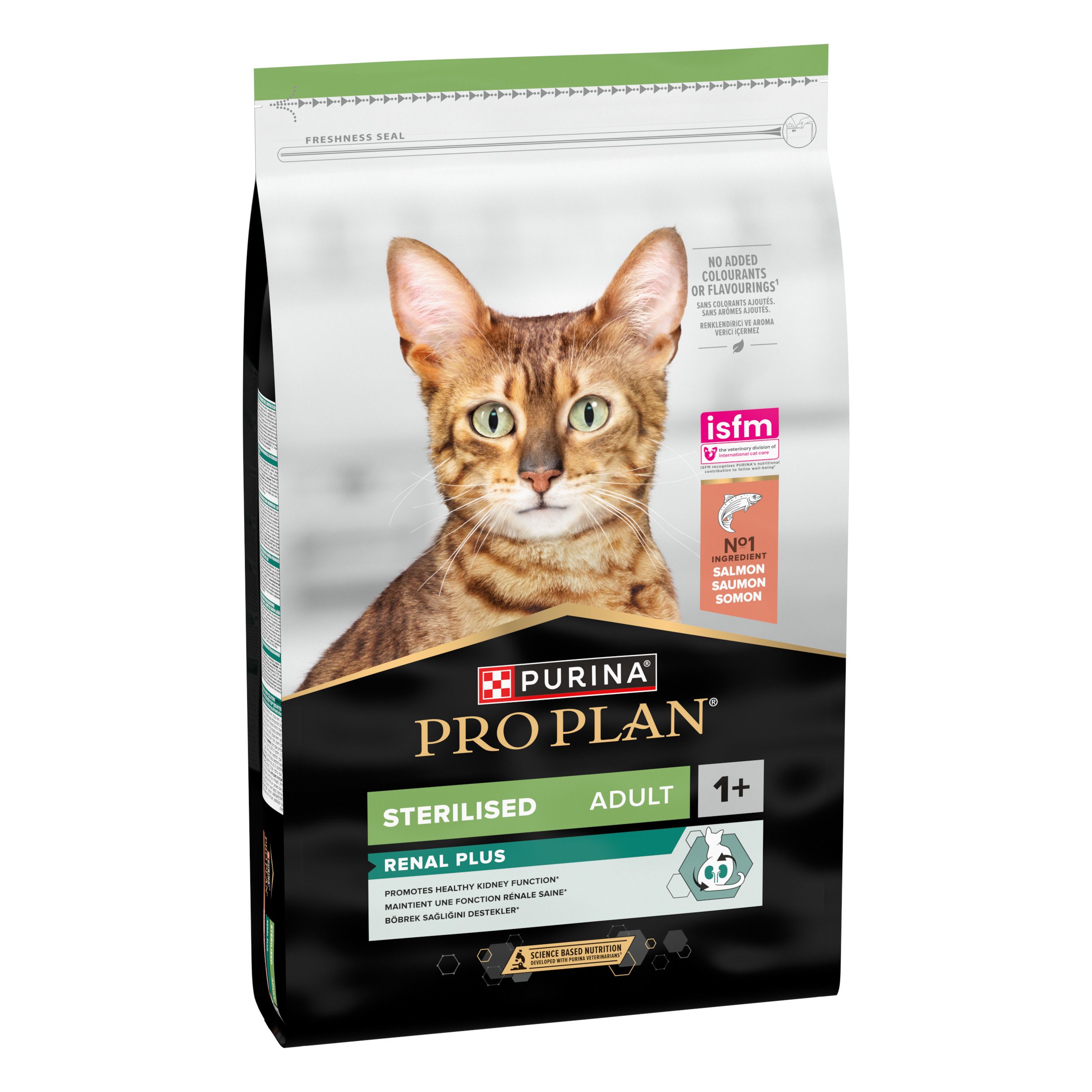 Purina Pro Plan Sterilised Adult Renal Plus Saumon. Sac de nourriture pour chats. Design vert et blanc, image de chat, label isfm.