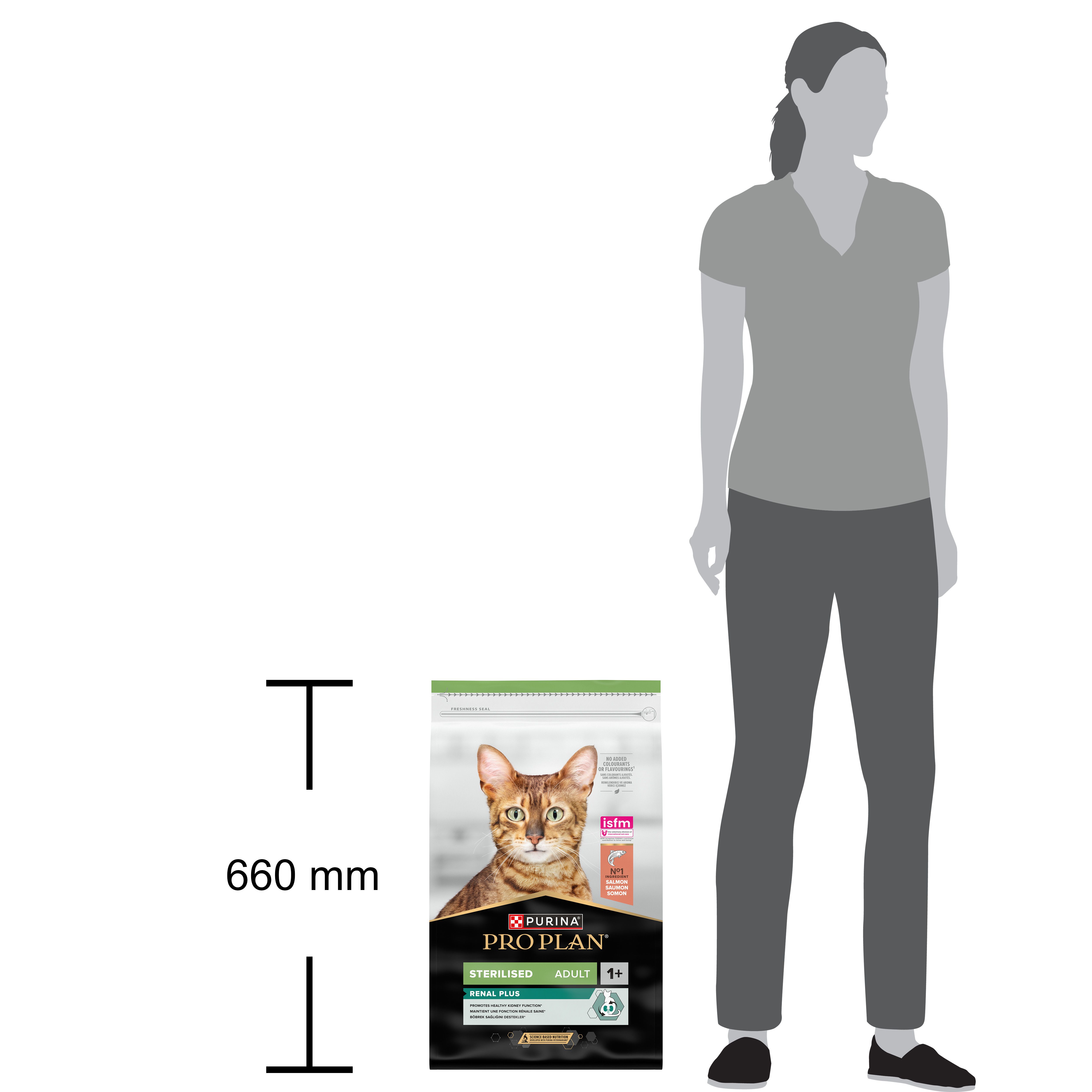 Sac de nourriture pour chats Purina Pro Plan à côté d'une femme. Hauteur 660 mm. Image du produit, informations textuelles.