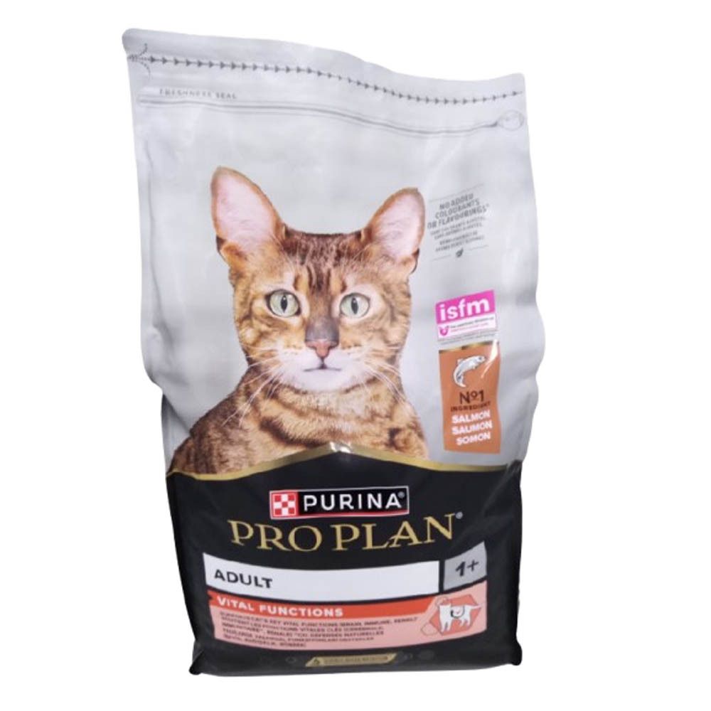 Sac Purina Pro Plan Adult Vital Functions, chat, saumon et riz. Image d'un chat. Inscription : Adult, Vital Functions.