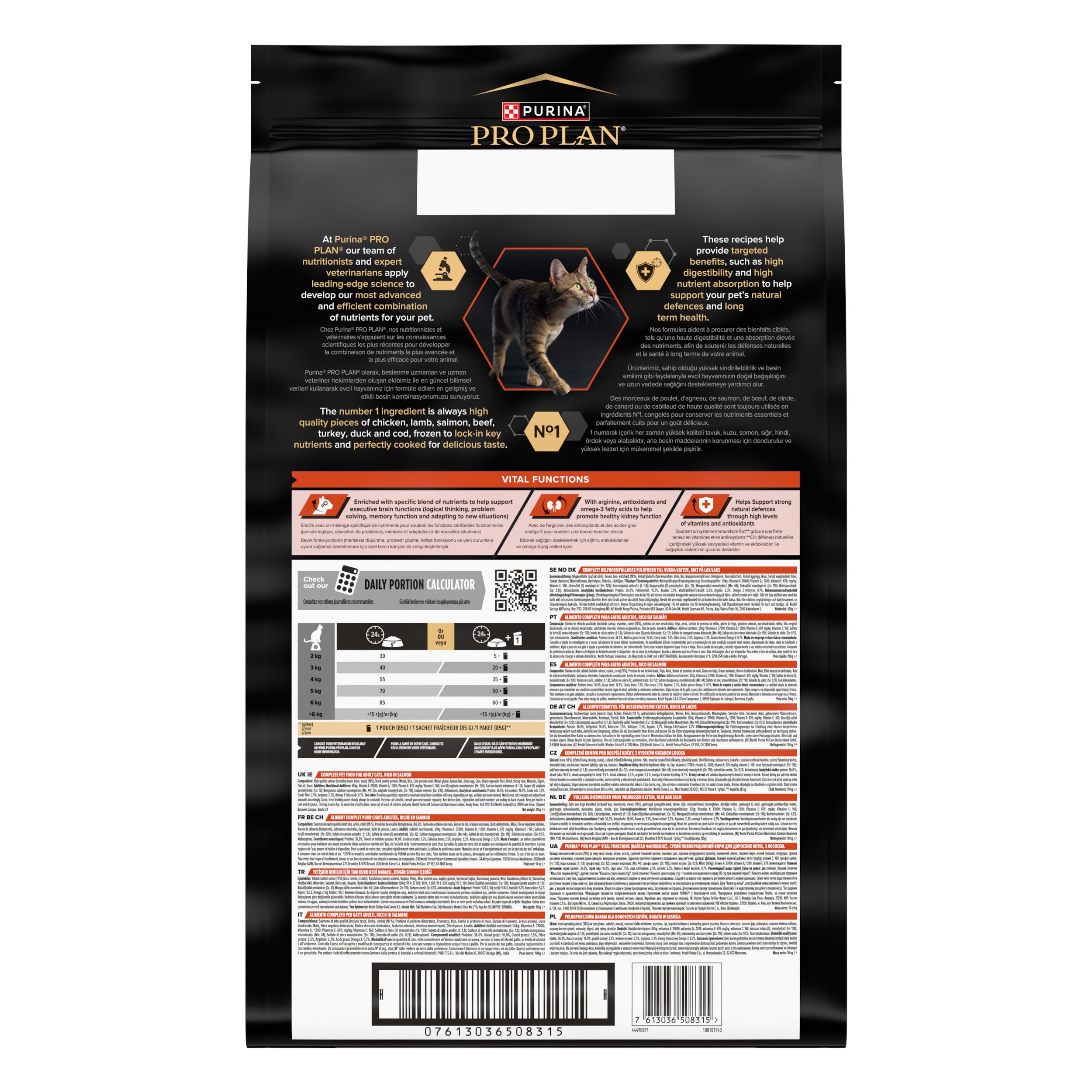 Purina Pro Plan Adult Vital Functions, chat, saumon et riz. Inscription : Adult, Vital Functions. Recommandations d'alimentation.