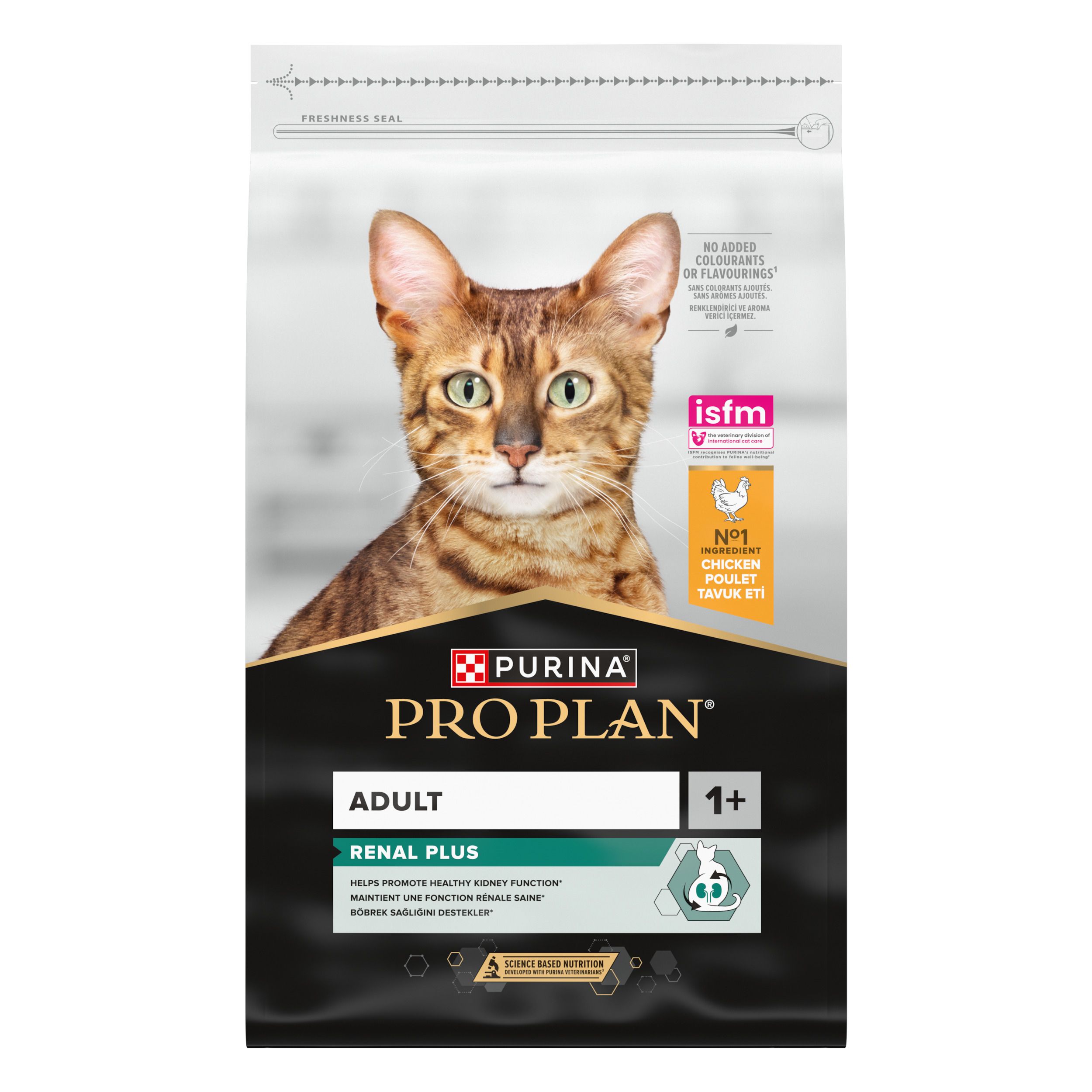 Sac de nourriture pour chats. Purina Pro Plan Adult Renal Plus. Image d'un chat. Avec sceau.
