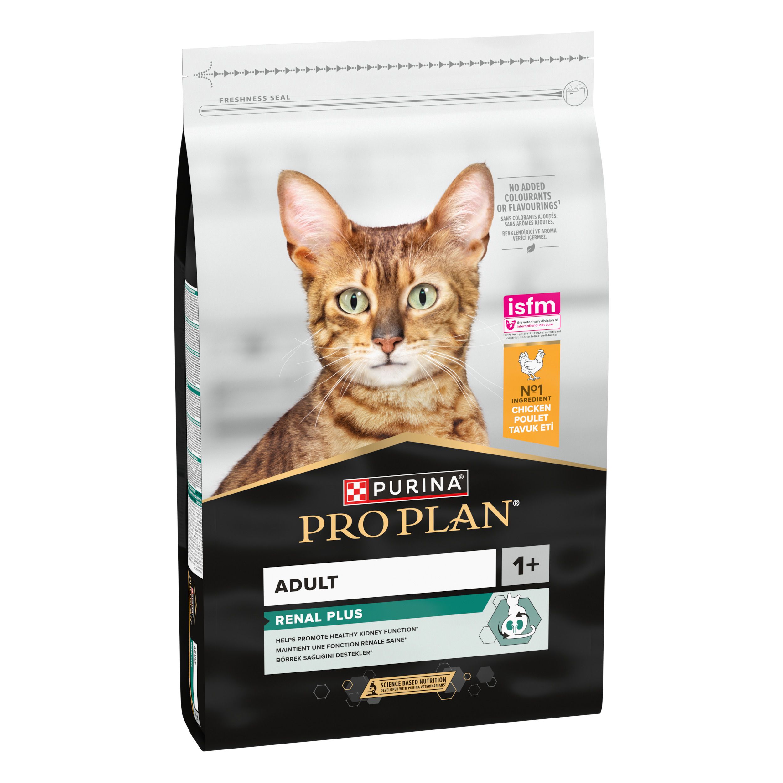 Sac de nourriture pour chats. Purina Pro Plan Adult Renal Plus. Image d'un chat. Avec sceau.