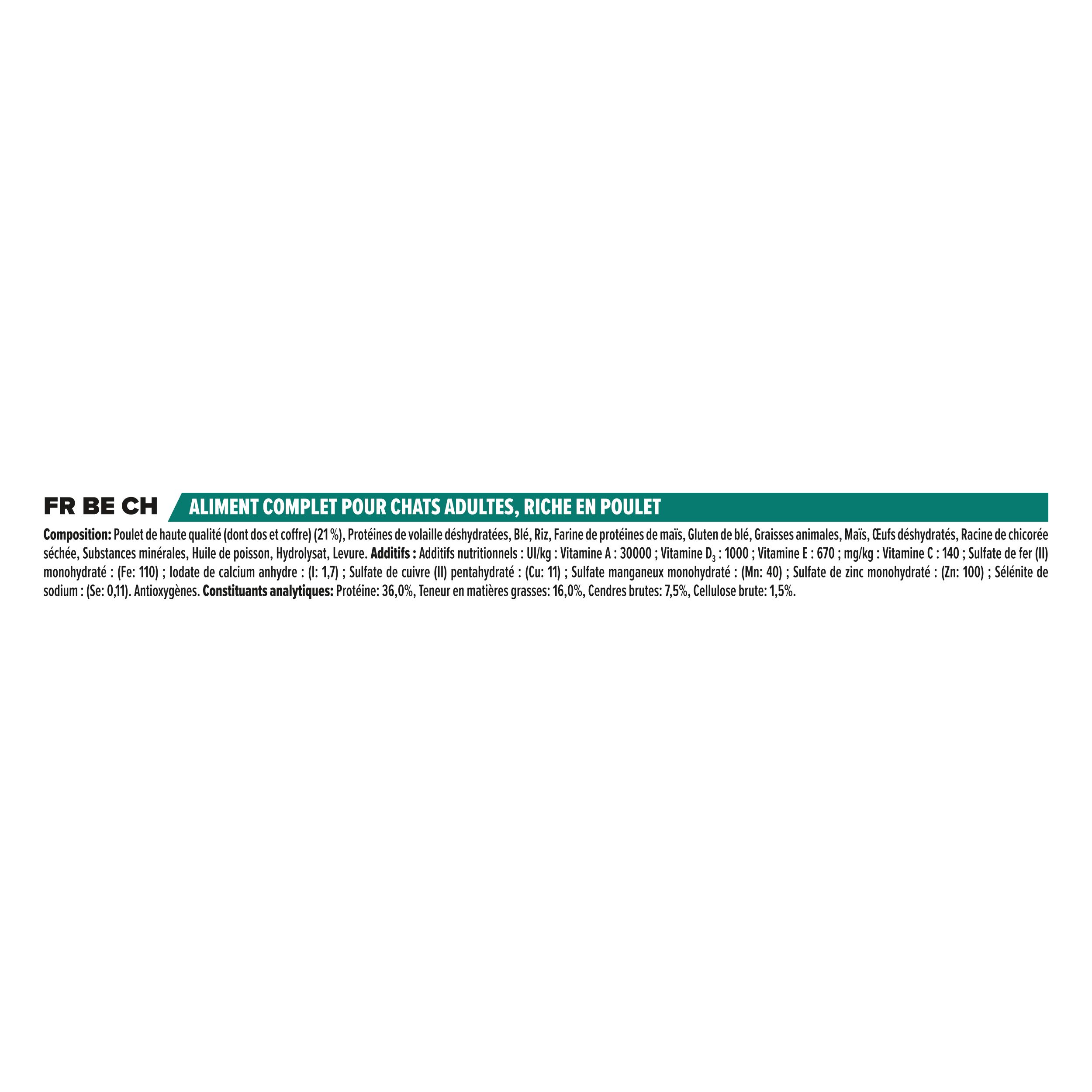 Sac de nourriture pour chats. Texte avec ingrédients et analyse. Ingrédients en français.