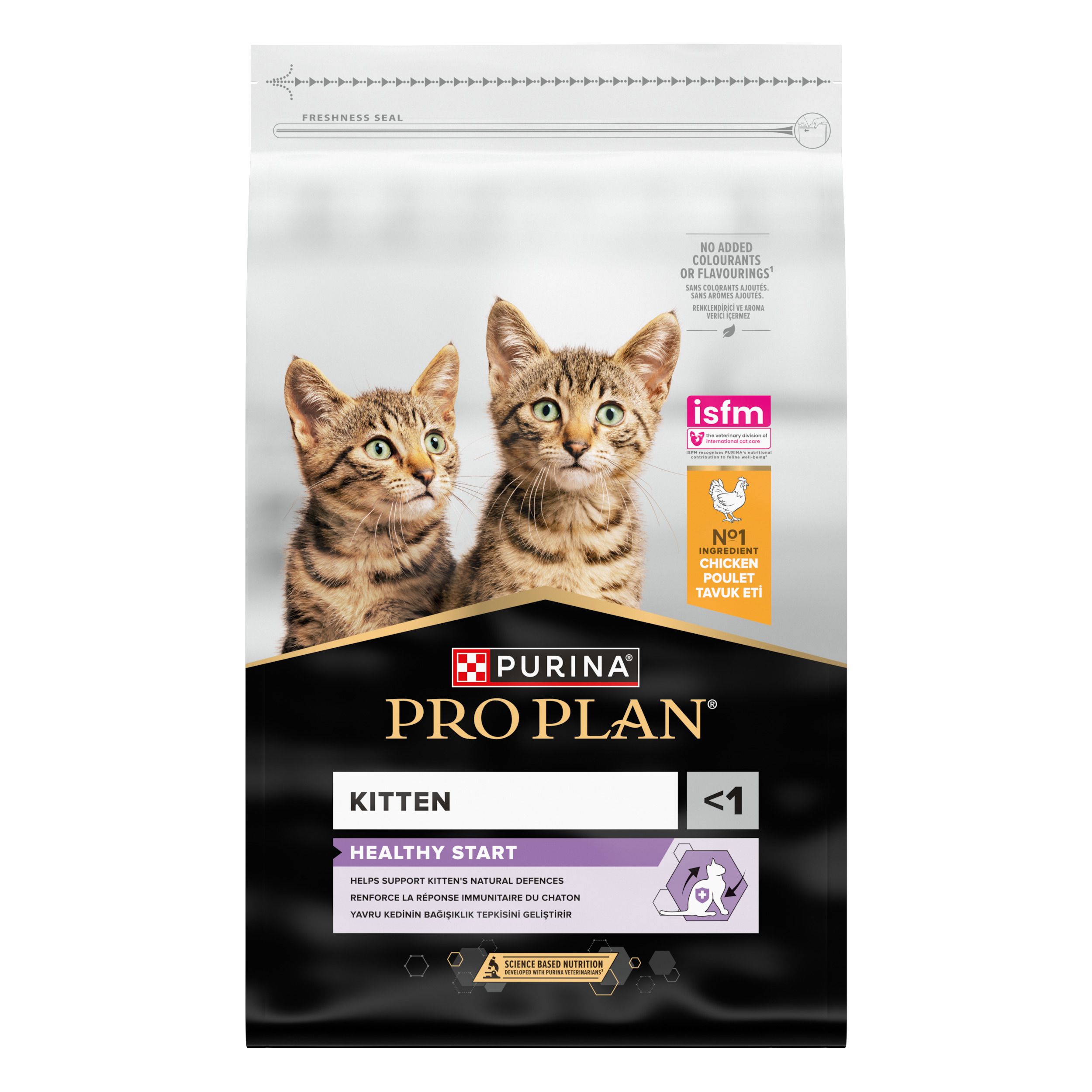 Sac de nourriture pour chatons. Deux chatons. Marque : Purina Pro Plan Kitten Healthy Start. Avec sceau.