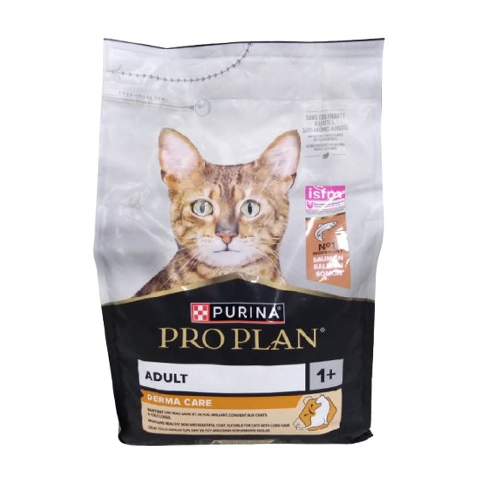 Pro Plan Adult Derma Care, nourriture pour chats. Sac avec image de chat. Contient du saumon. Certification ISFM.