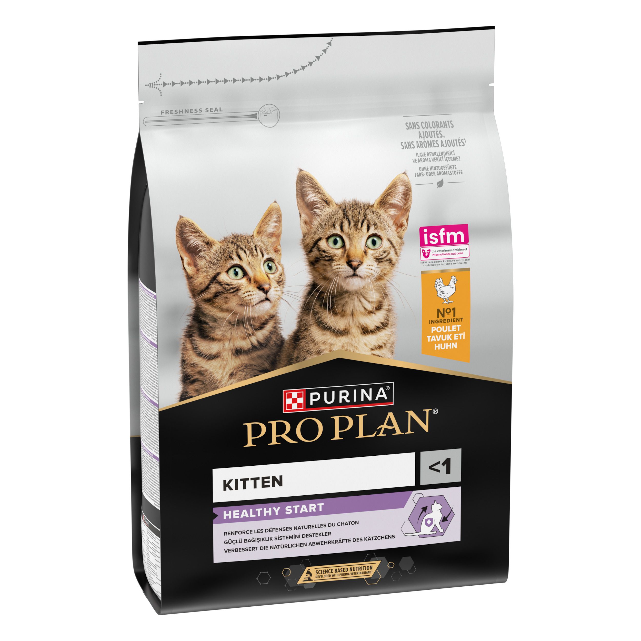 Sac de nourriture pour chatons. Deux chatons sur le devant. Marque : Purina Pro Plan Kitten Healthy Start.