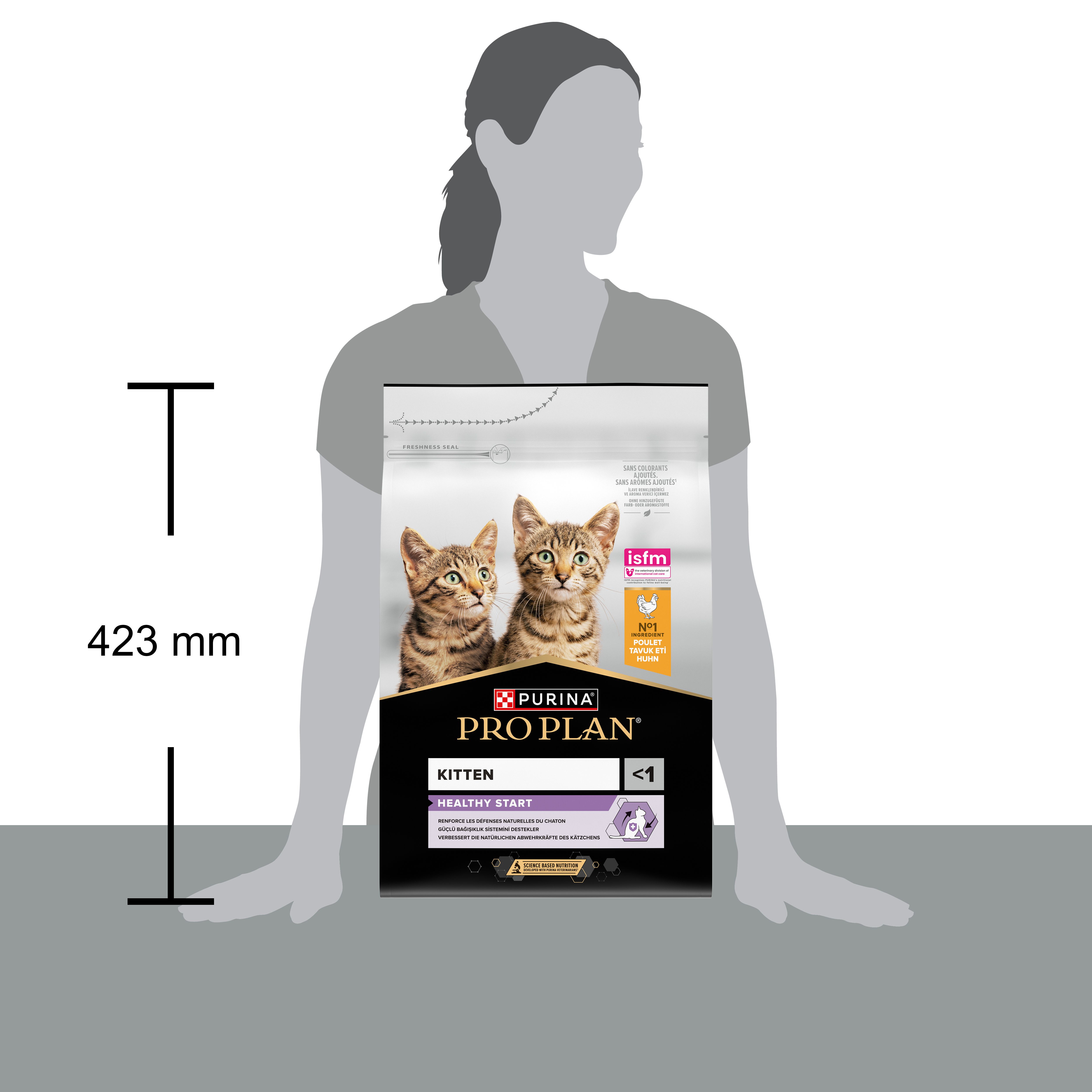Sac de nourriture pour chatons. Deux chatons sur le devant. Marque : Purina Pro Plan Kitten Healthy Start.