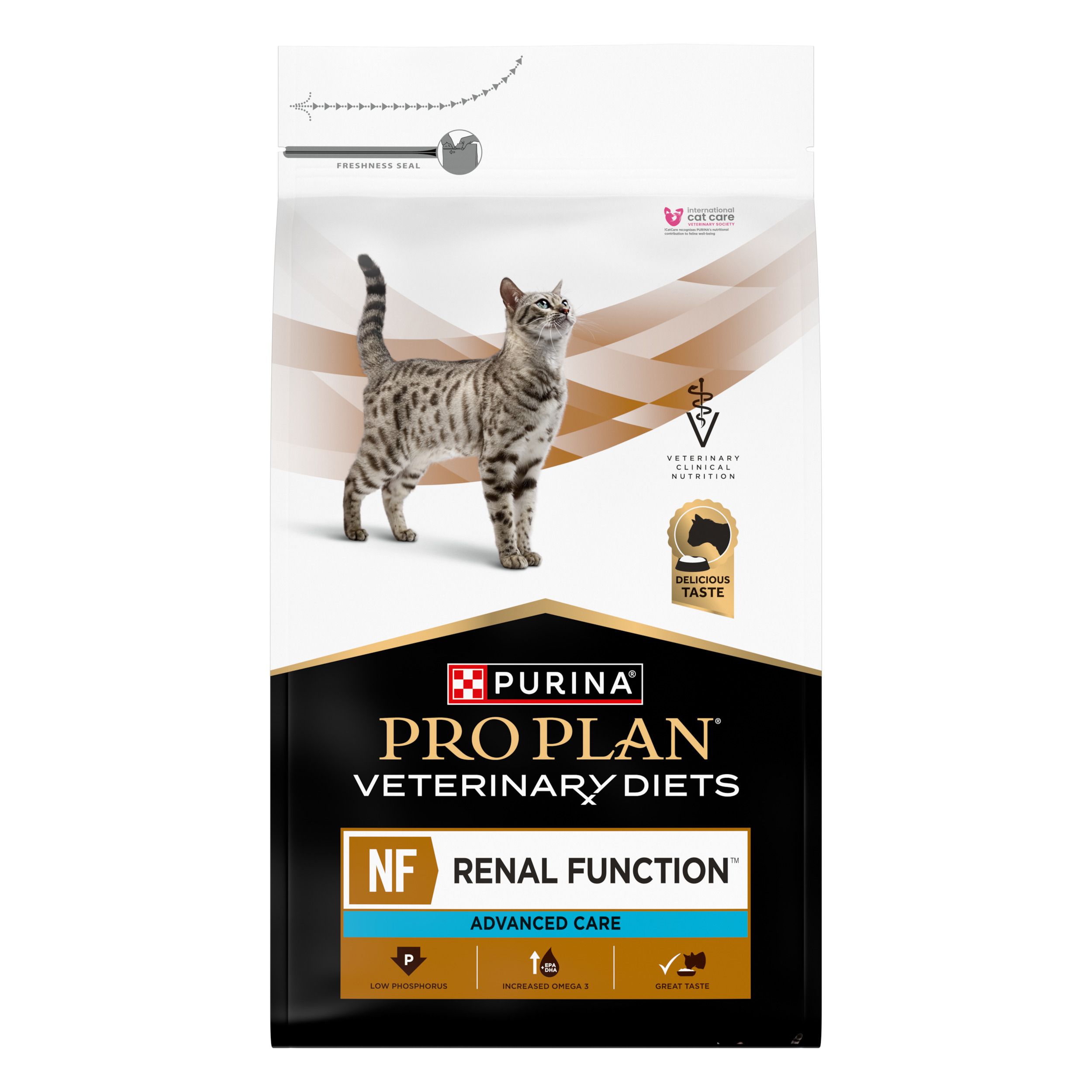 Sac de nourriture pour chats. Inscription : PRO PLAN VETERINARY DIETS NF RENAL FUNCTION ADVANCED CARE. Image d'un chat.