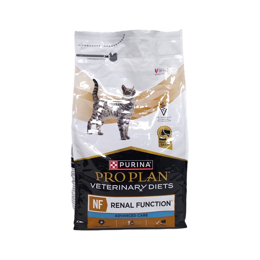 Sac de nourriture pour chats. Inscription : PRO PLAN VETERINARY DIETS NF RENAL FUNCTION ADVANCED CARE. Image d'un chat.
