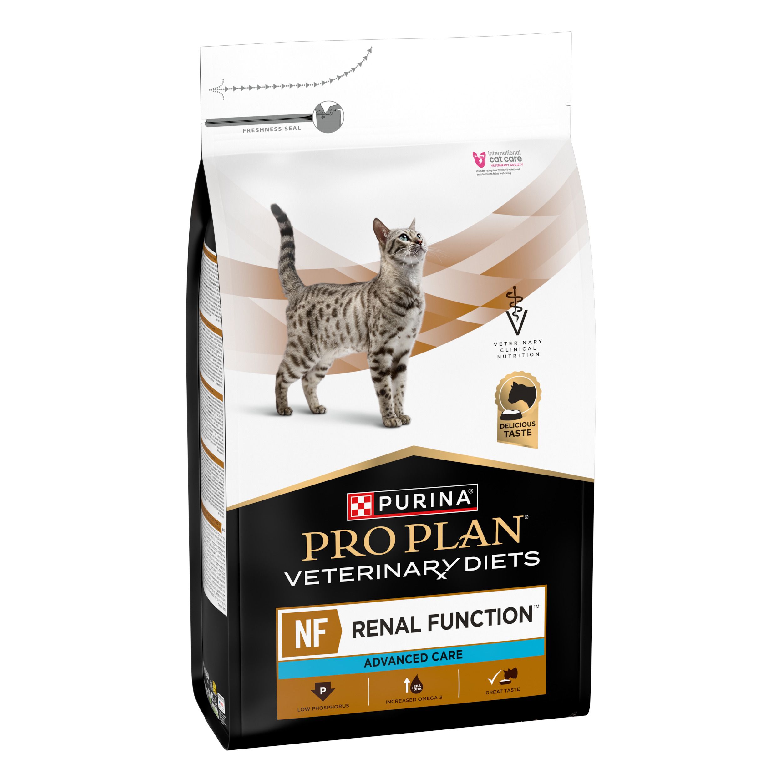 Sac de nourriture pour chats. Inscription : PRO PLAN VETERINARY DIETS NF RENAL FUNCTION ADVANCED CARE. Image d'un chat.