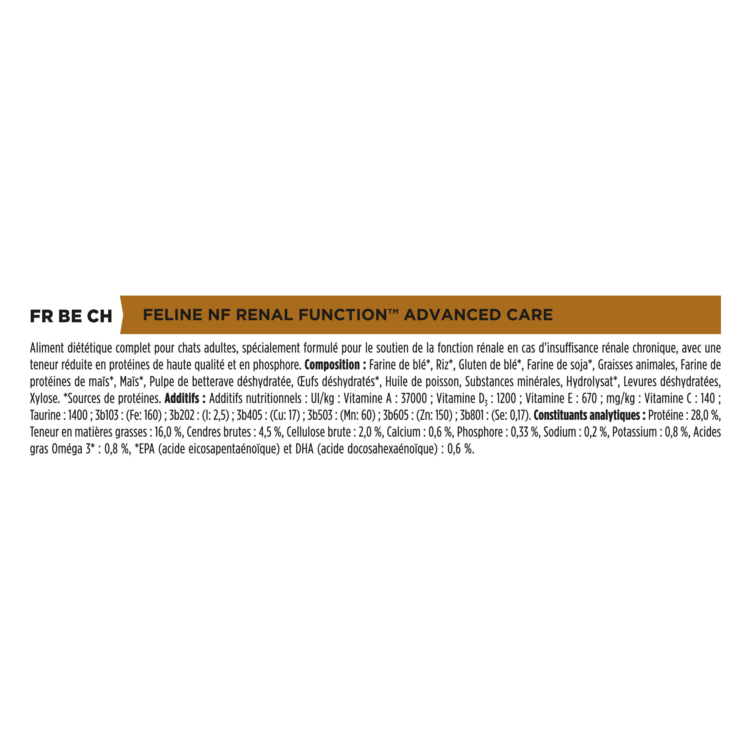 Informations textuelles et illustrations. Inscription : Feline NF Renal Function Advanced Care. Composition et analyse.