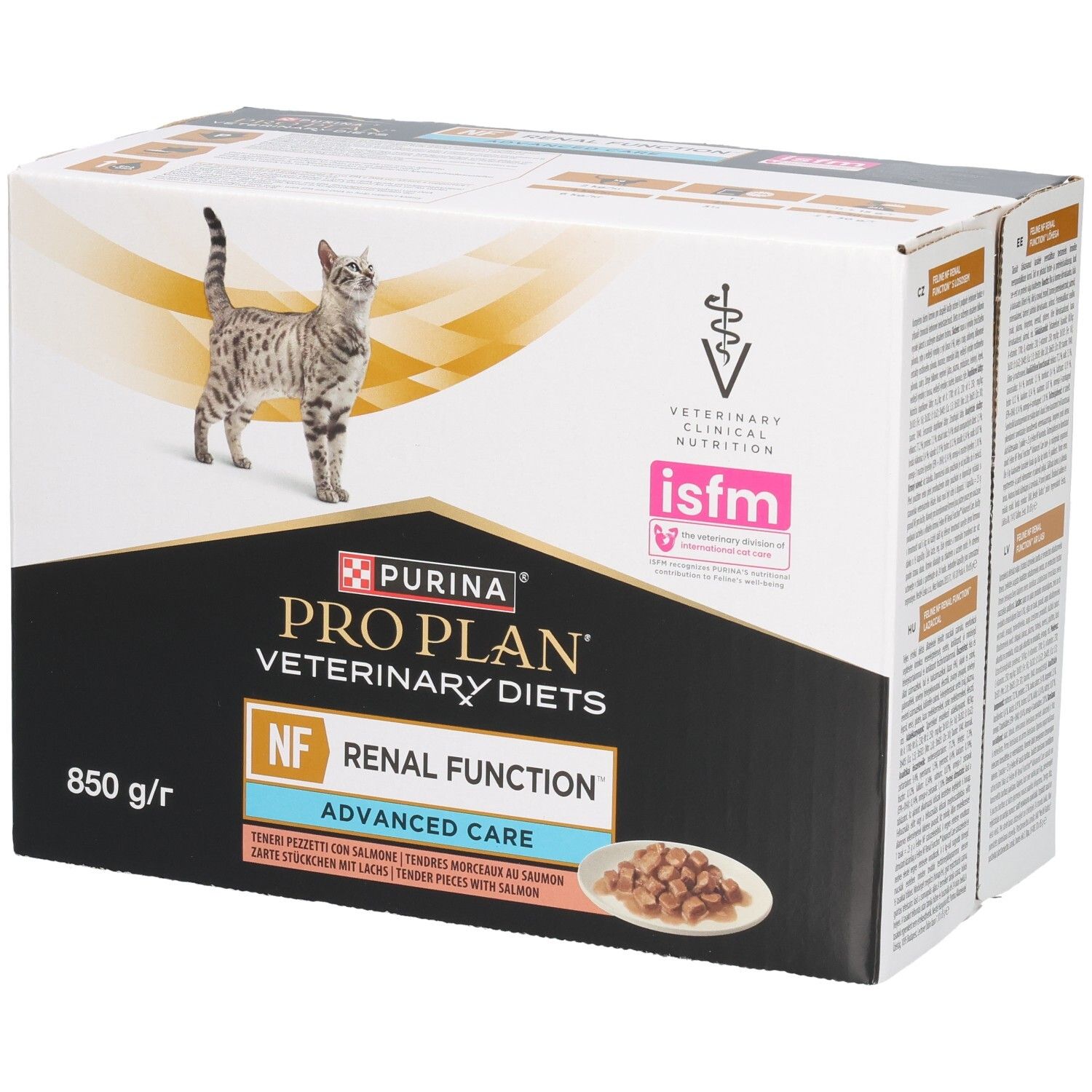 Boîte de nourriture pour chats. Purina Pro Plan Veterinary Diets, NF Renal Function, Advanced Care. Image d'un chat.