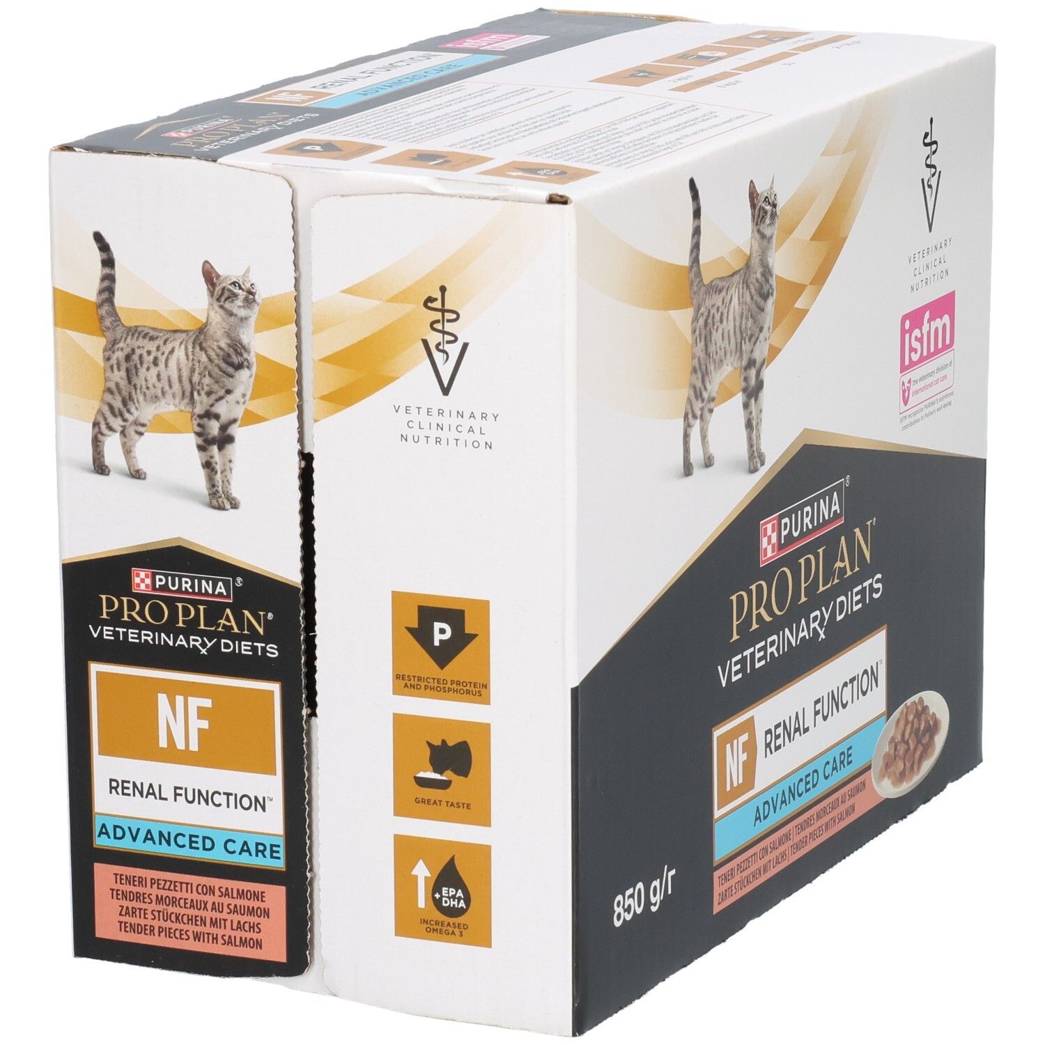 Boîte de nourriture pour chats. Purina Pro Plan Veterinary Diets, NF Renal Function, Advanced Care. Image d'un chat.
